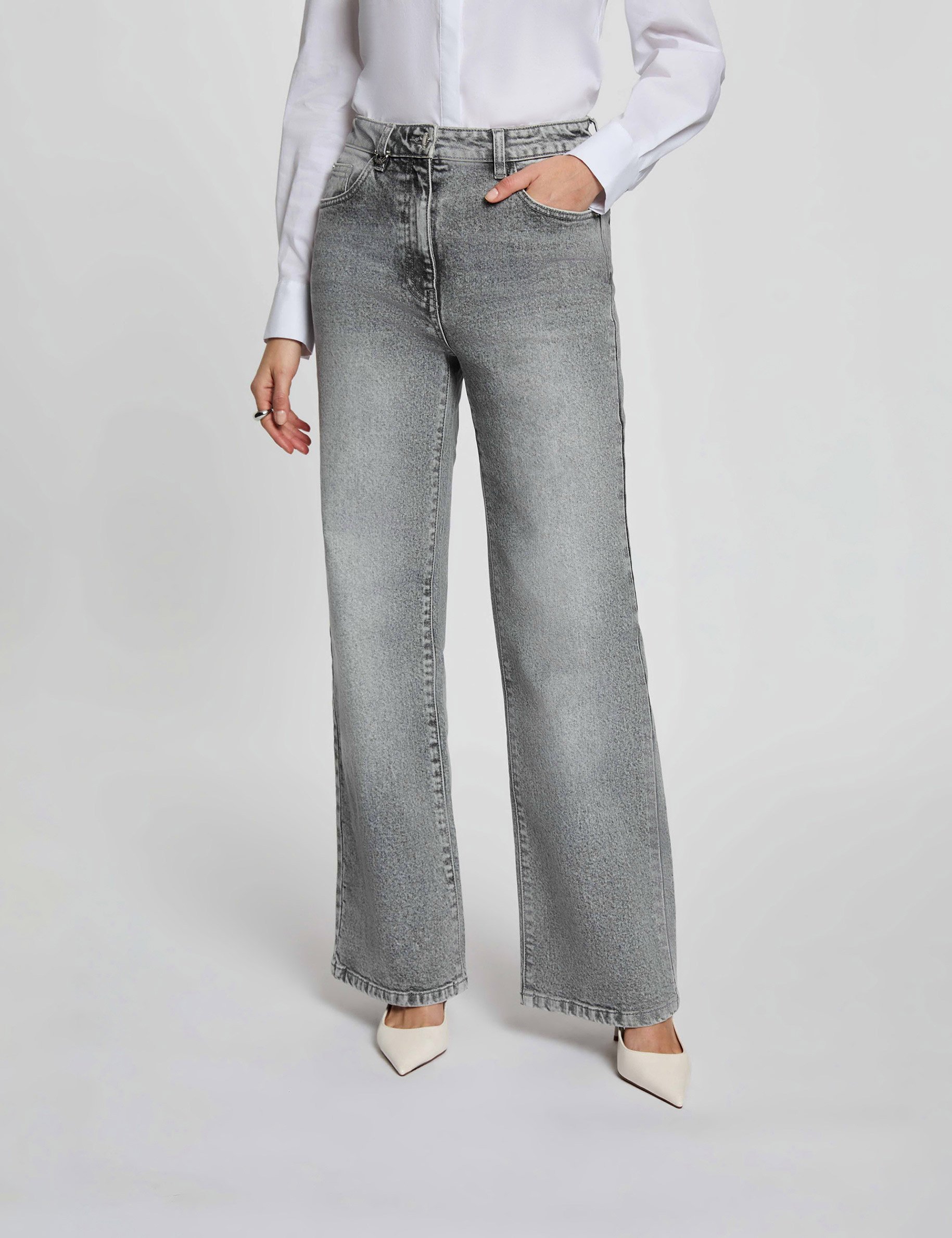 Weit geschnittene hochgeschnittene Hose snow gray denim damen