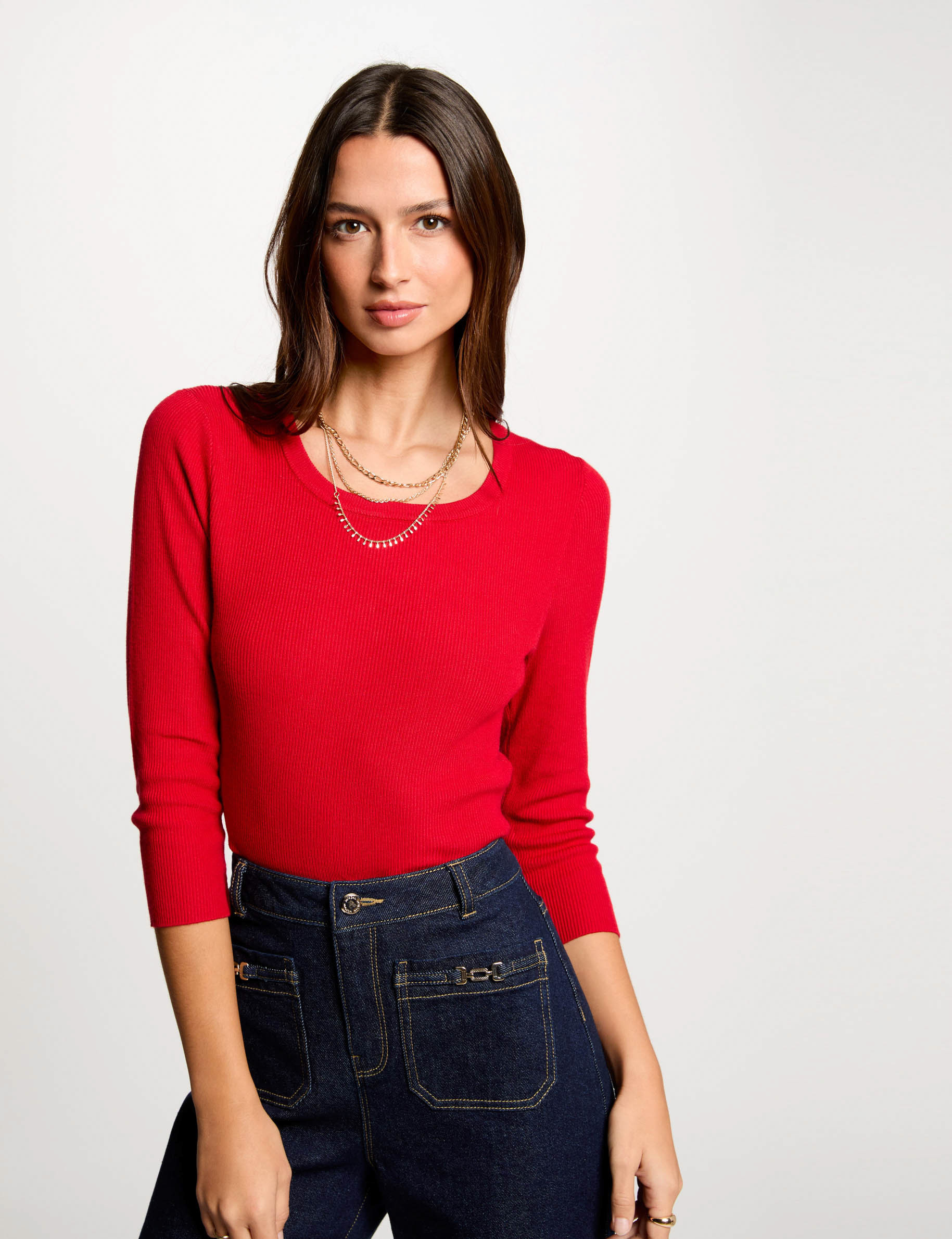 pull col rond manches 34 rouge femme Pull col rond manches 3/4 rouge femme