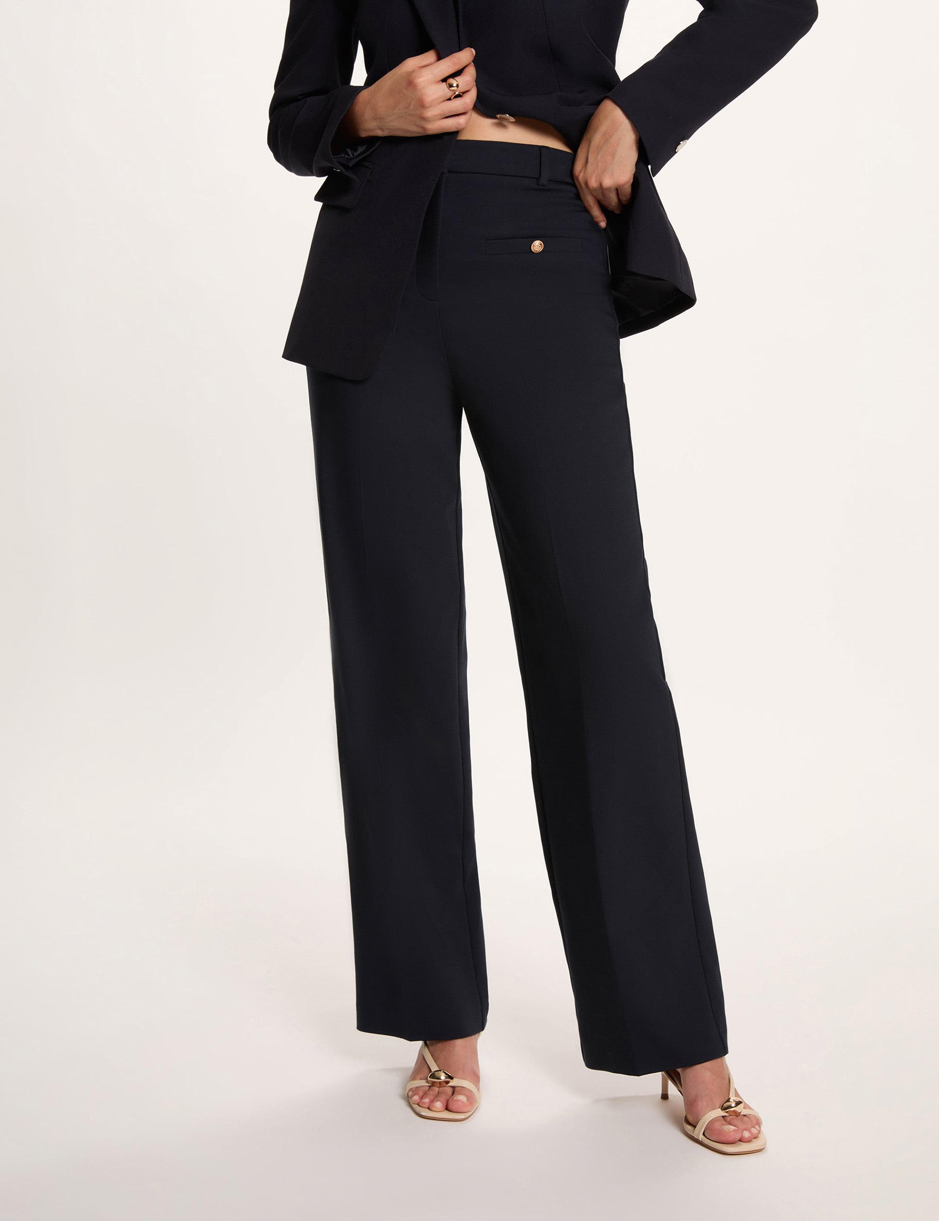 Pantalon droit taille haute bleu marine femme