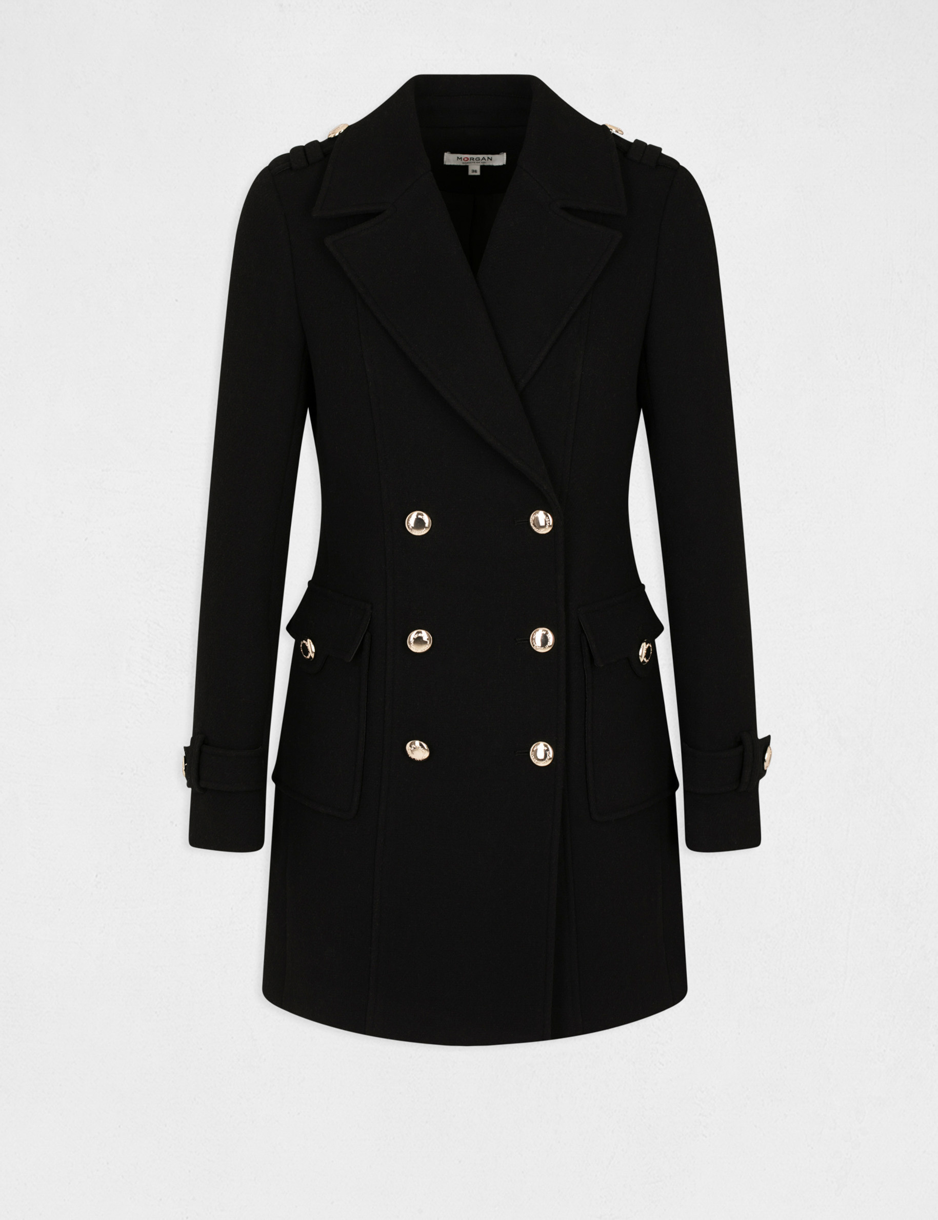 Manteau droit boutonn&eacute; noir femme