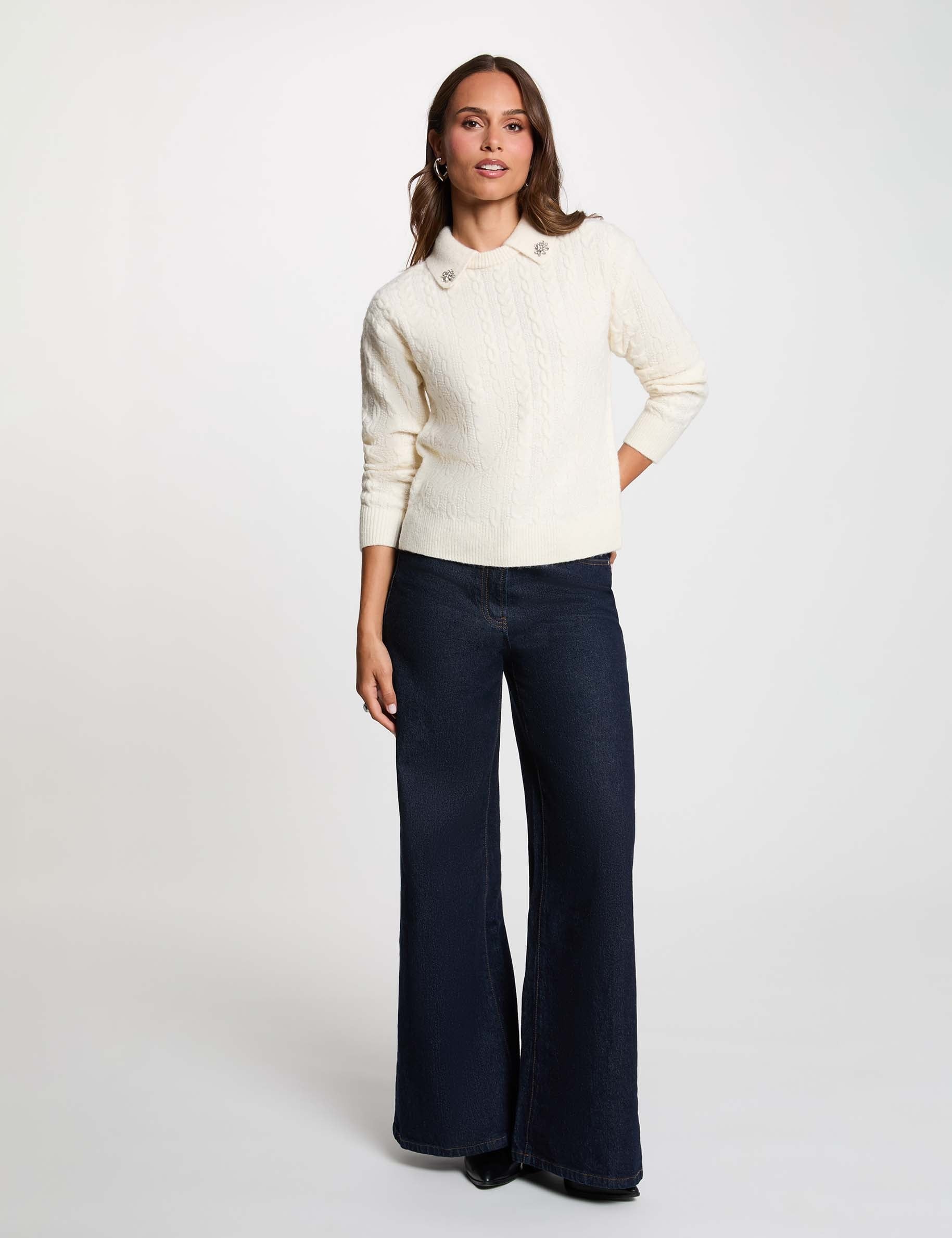 Pull torsad&eacute; col &agrave; revers ivoire femme