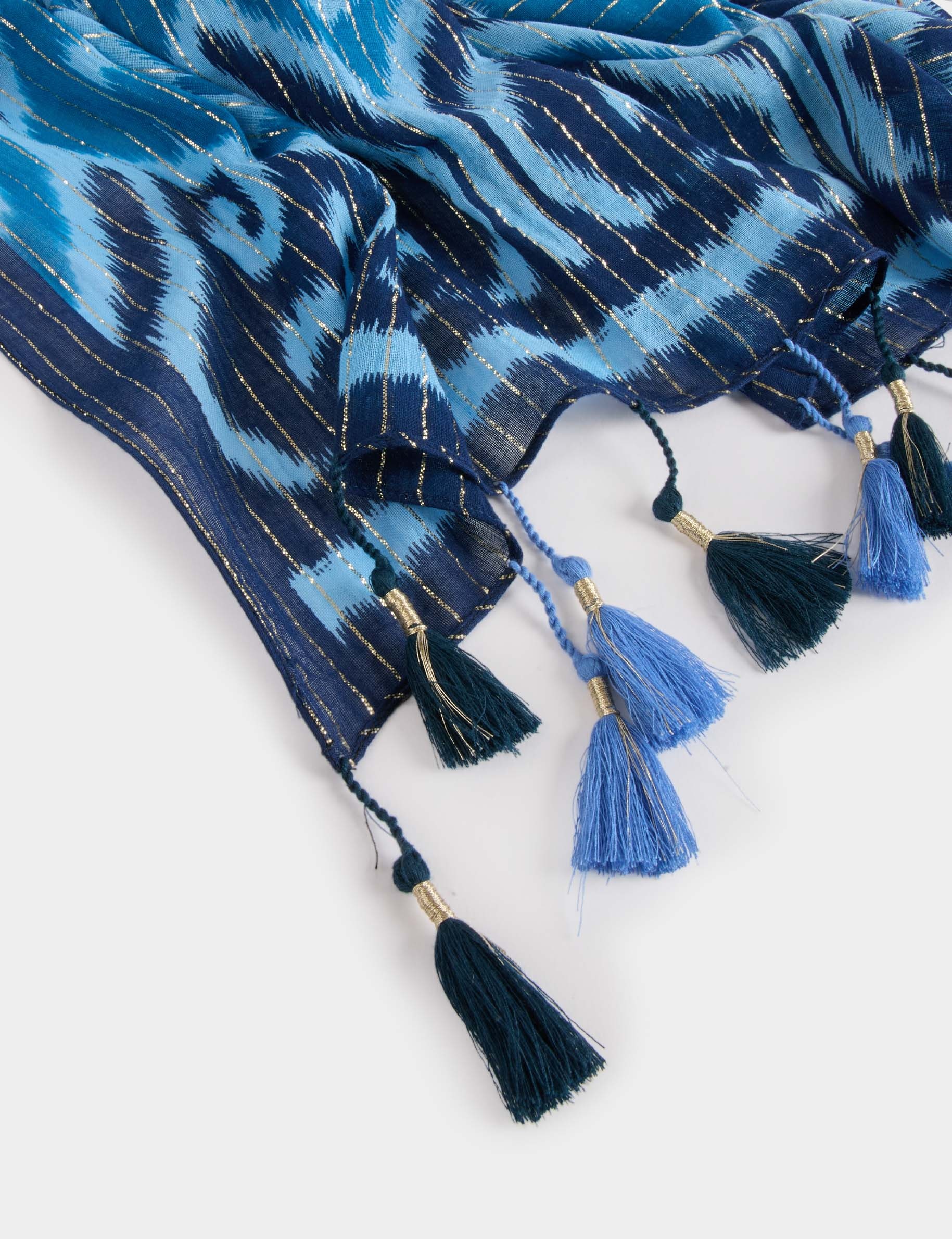 schal mit muster und pompons blau damen Schal mit Muster und Pompons blau damen
