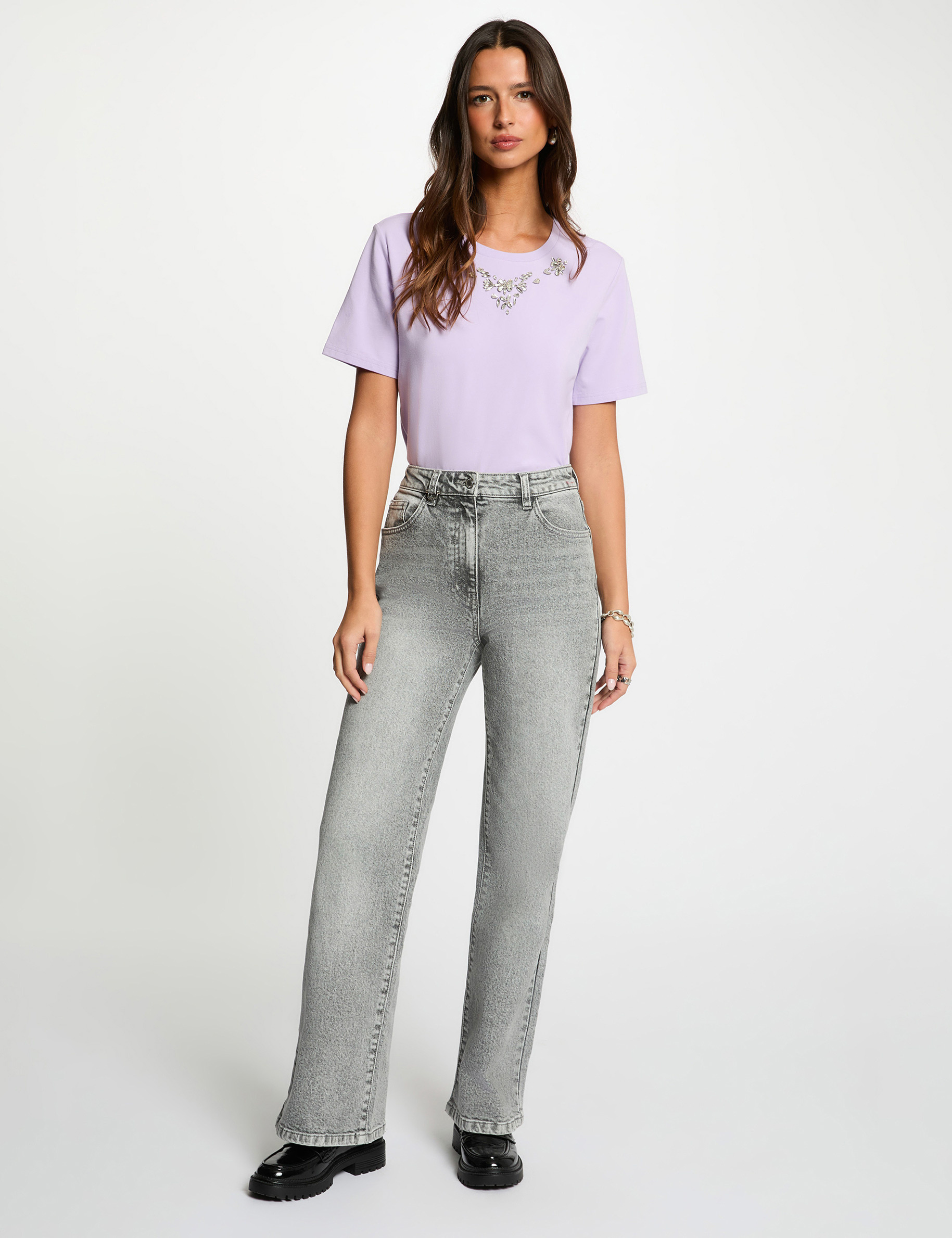 T-Shirt mit Strass und kurzen &Auml;rmeln mauve damen