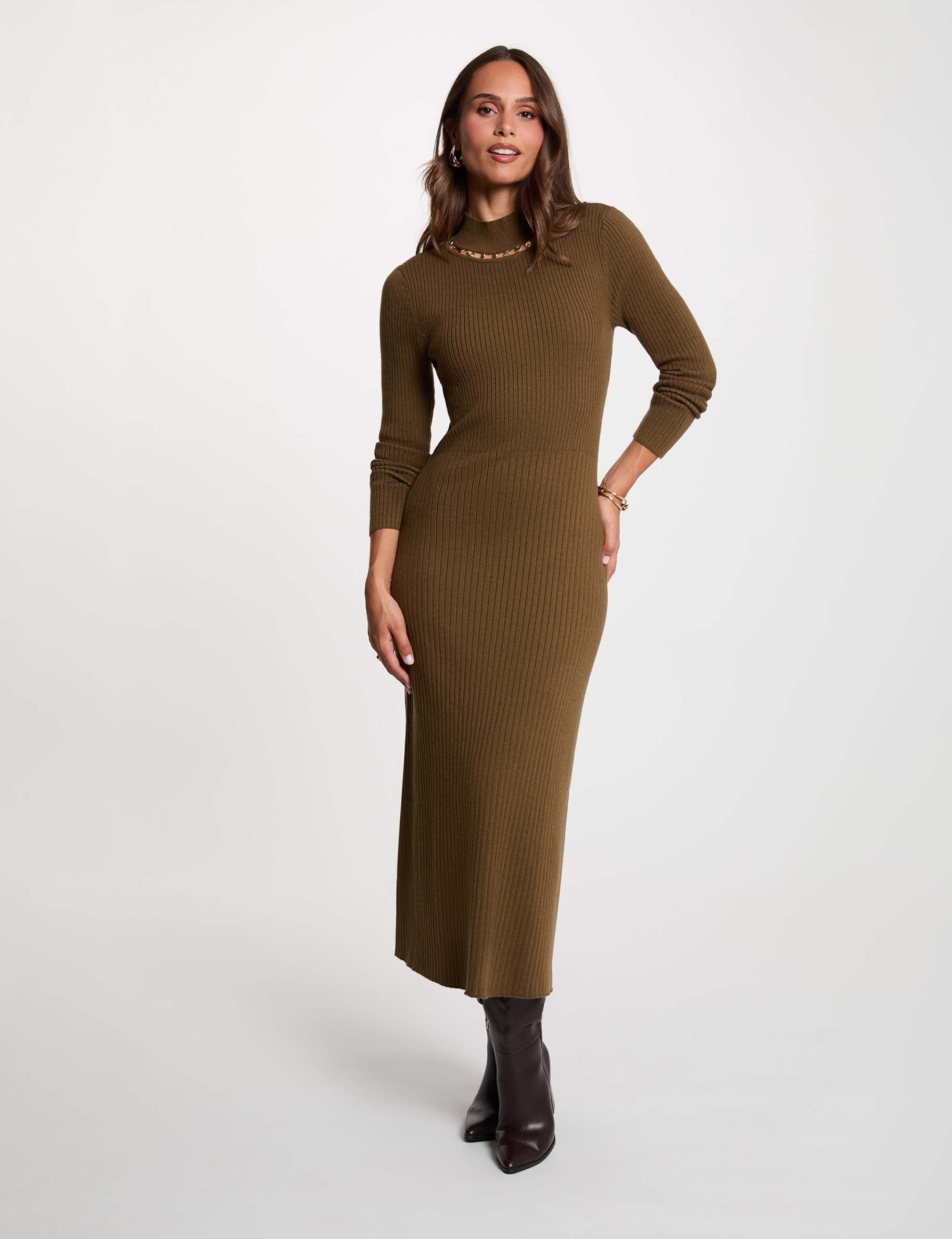 Strickkleid mit Stehkragen khakigr&uuml;n damen