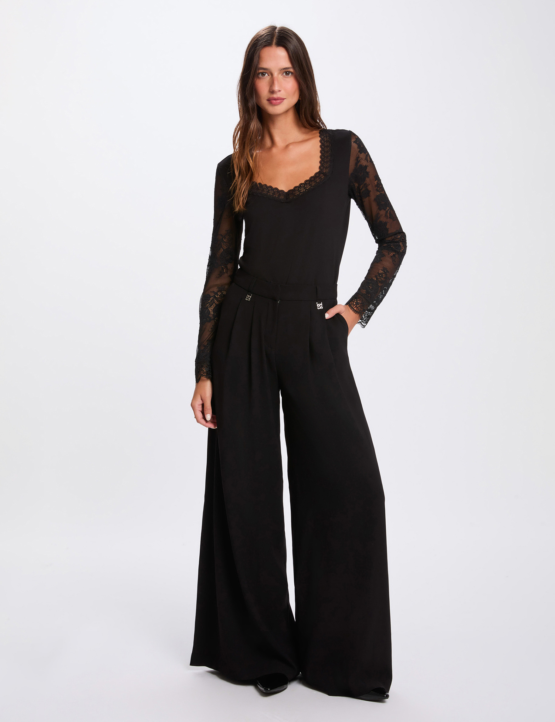 T-Shirt aus Spitze mit Herzausschnitt schwarz damen