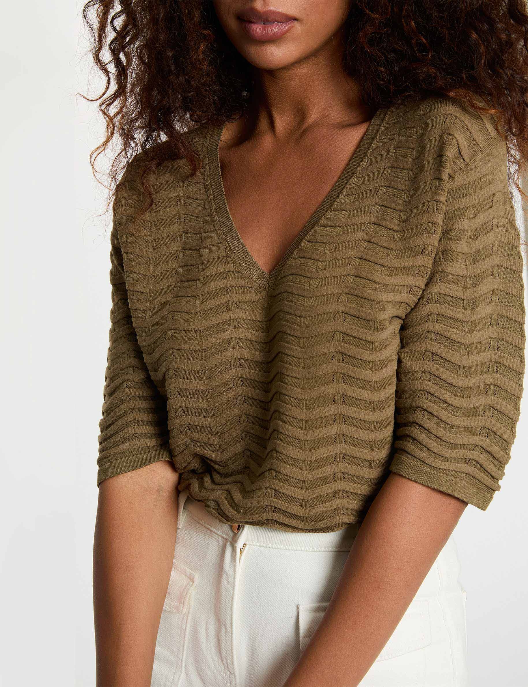Pull col v manches 3/4 vert kaki femme