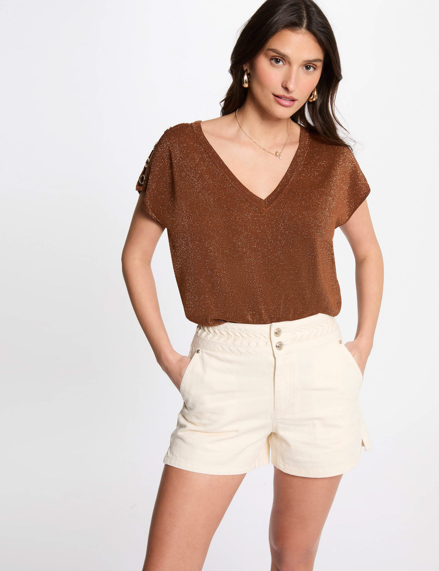 pull col en v manches courtes marron cognac femme Pull col en V manches courtes marron cognac femme
