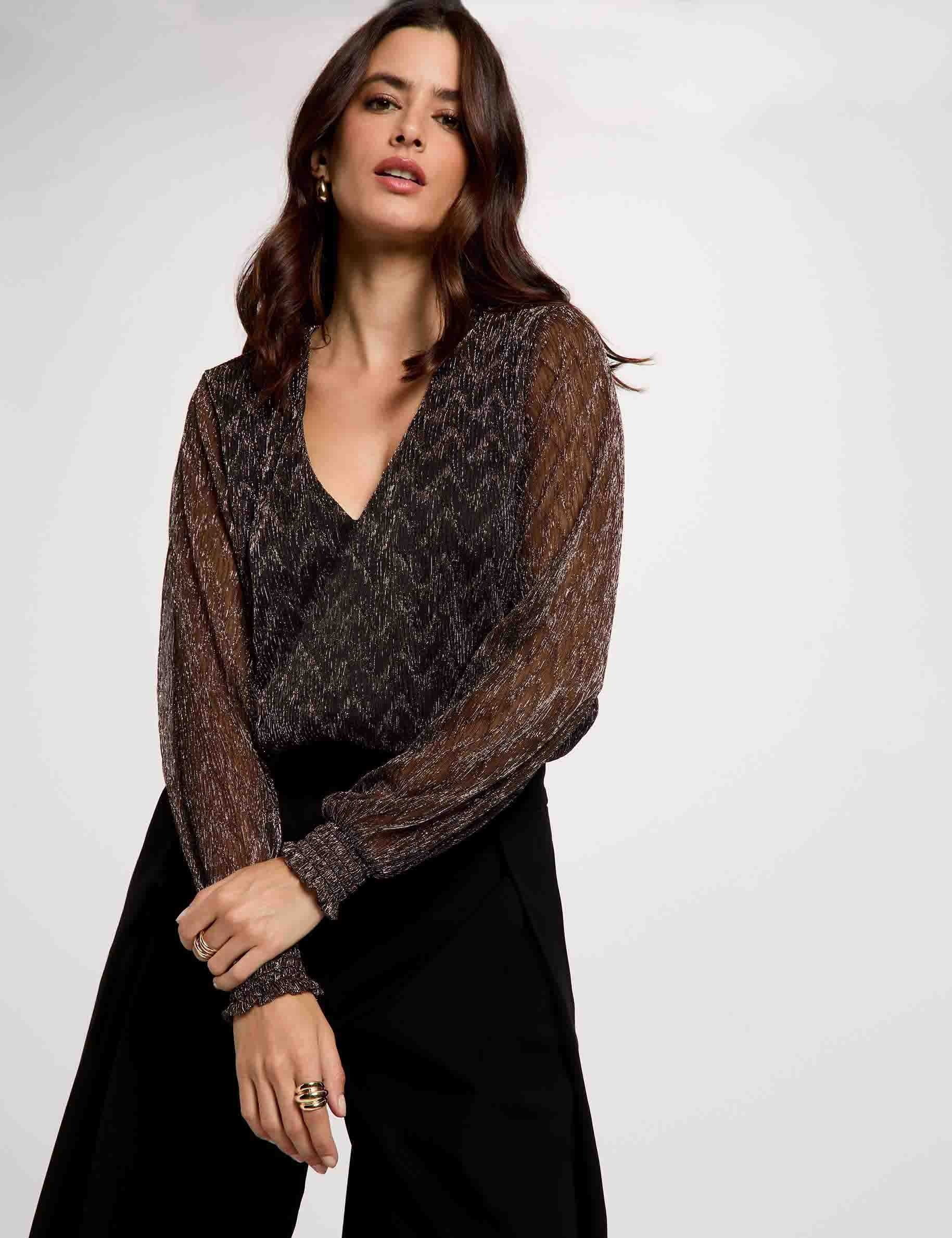 T-shirt col v manches longues couleur bronze femme