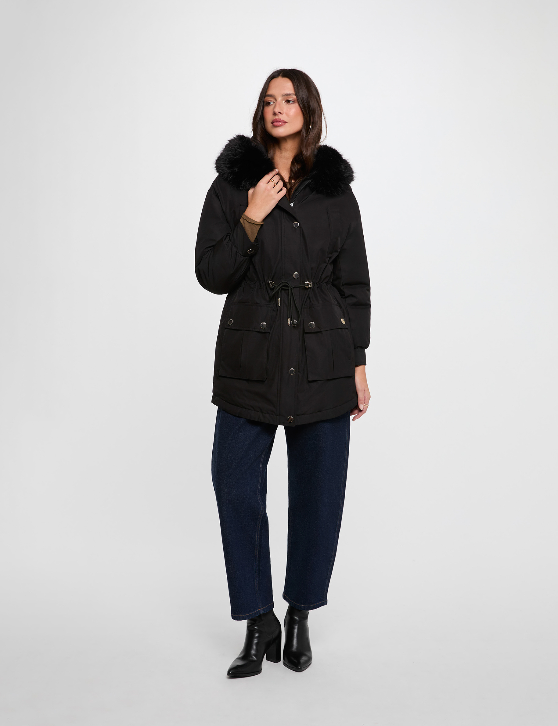 Parka mit Fellkragen schwarz damen