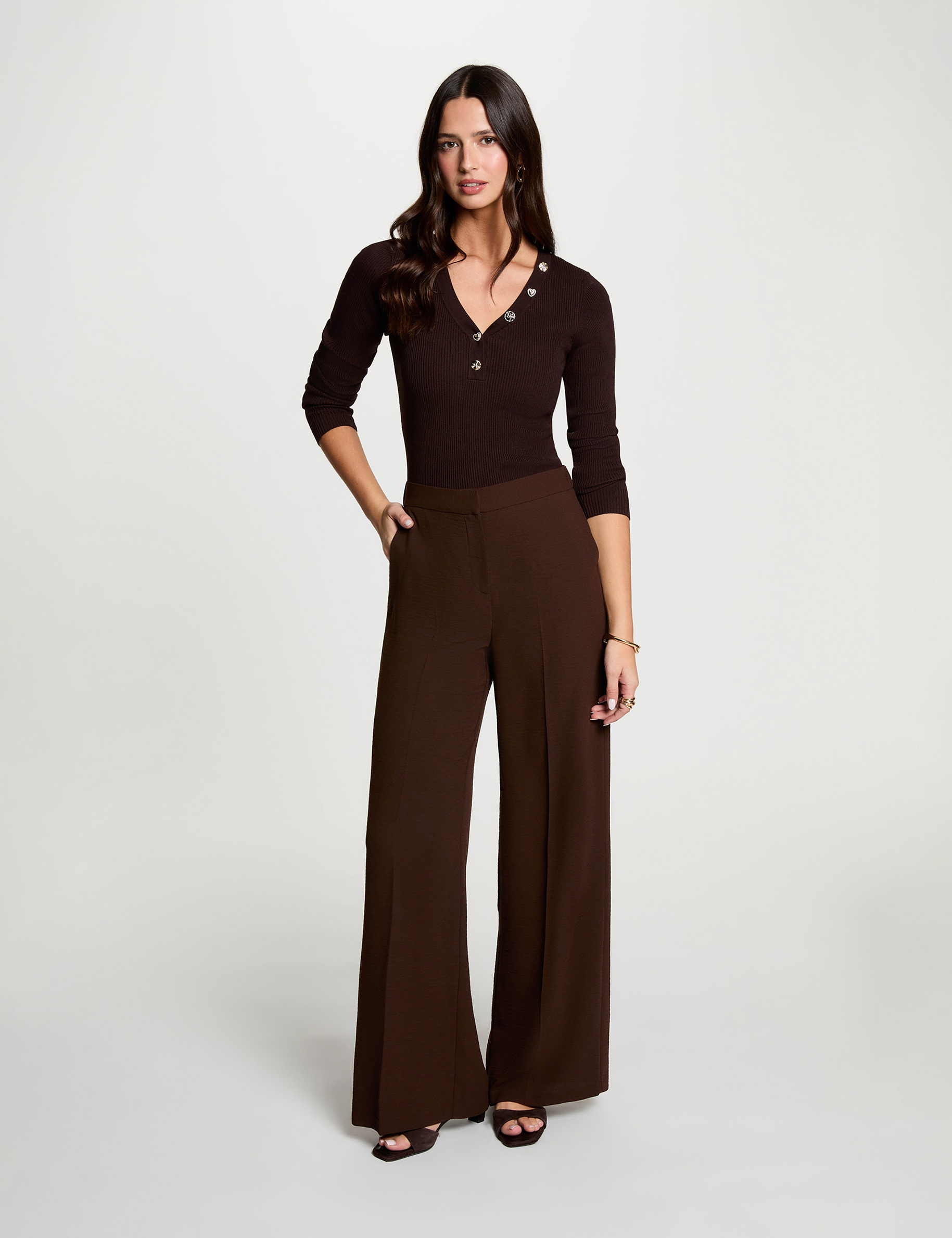 Pantalon large fluide marron fonc&eacute; femme