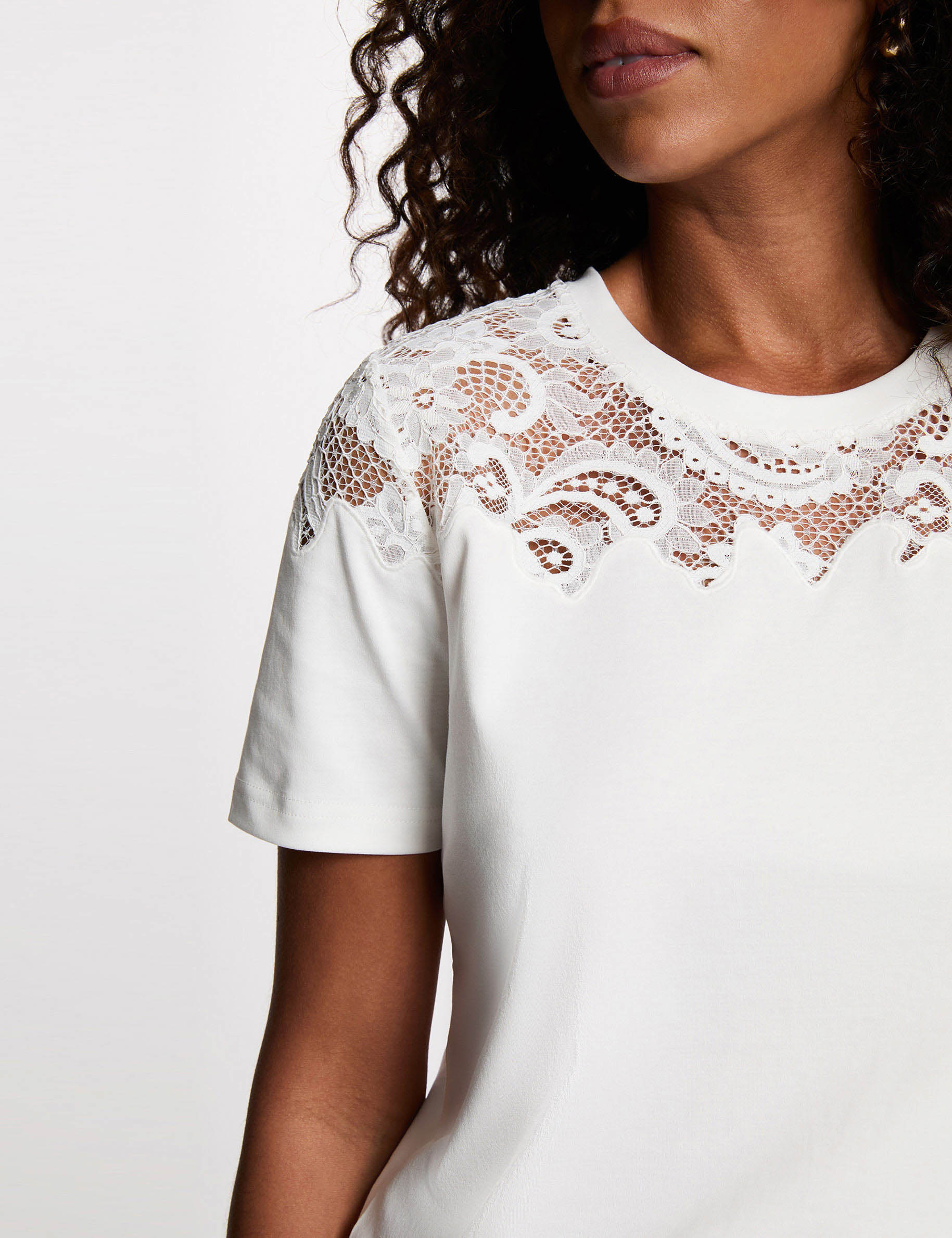 T-shirt dentelle manches courtes blanc femme