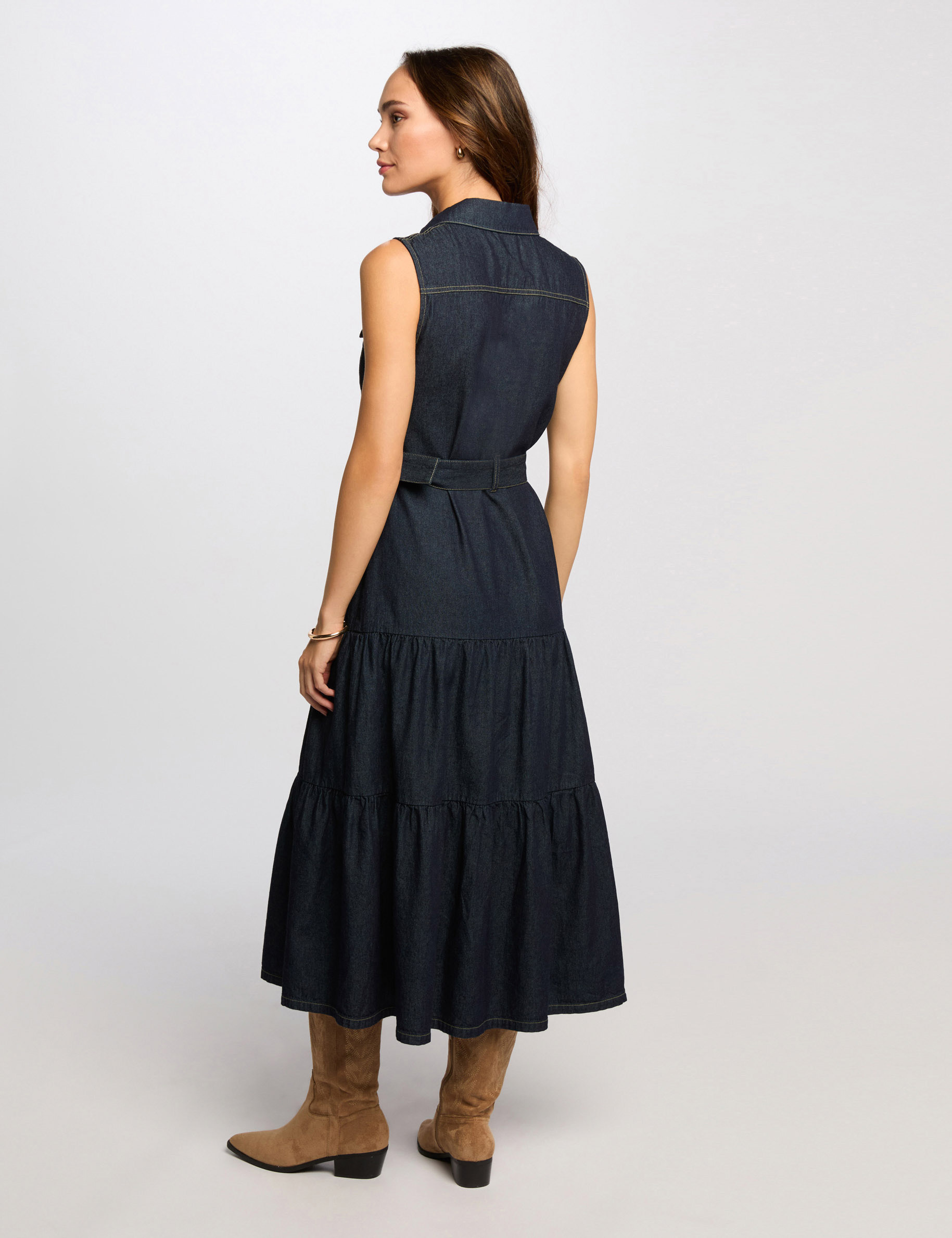 Langes gerade geschnittenes Jeanskleid rohes denim damen