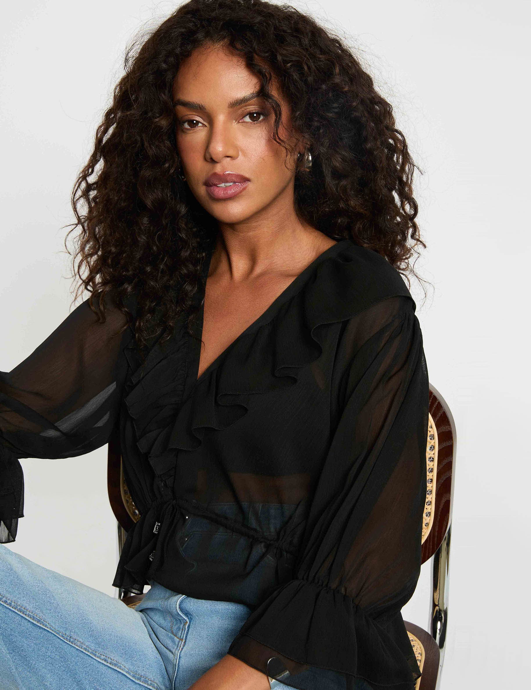 Bluse aus Voile mit V-Ausschnitt schwarz damen