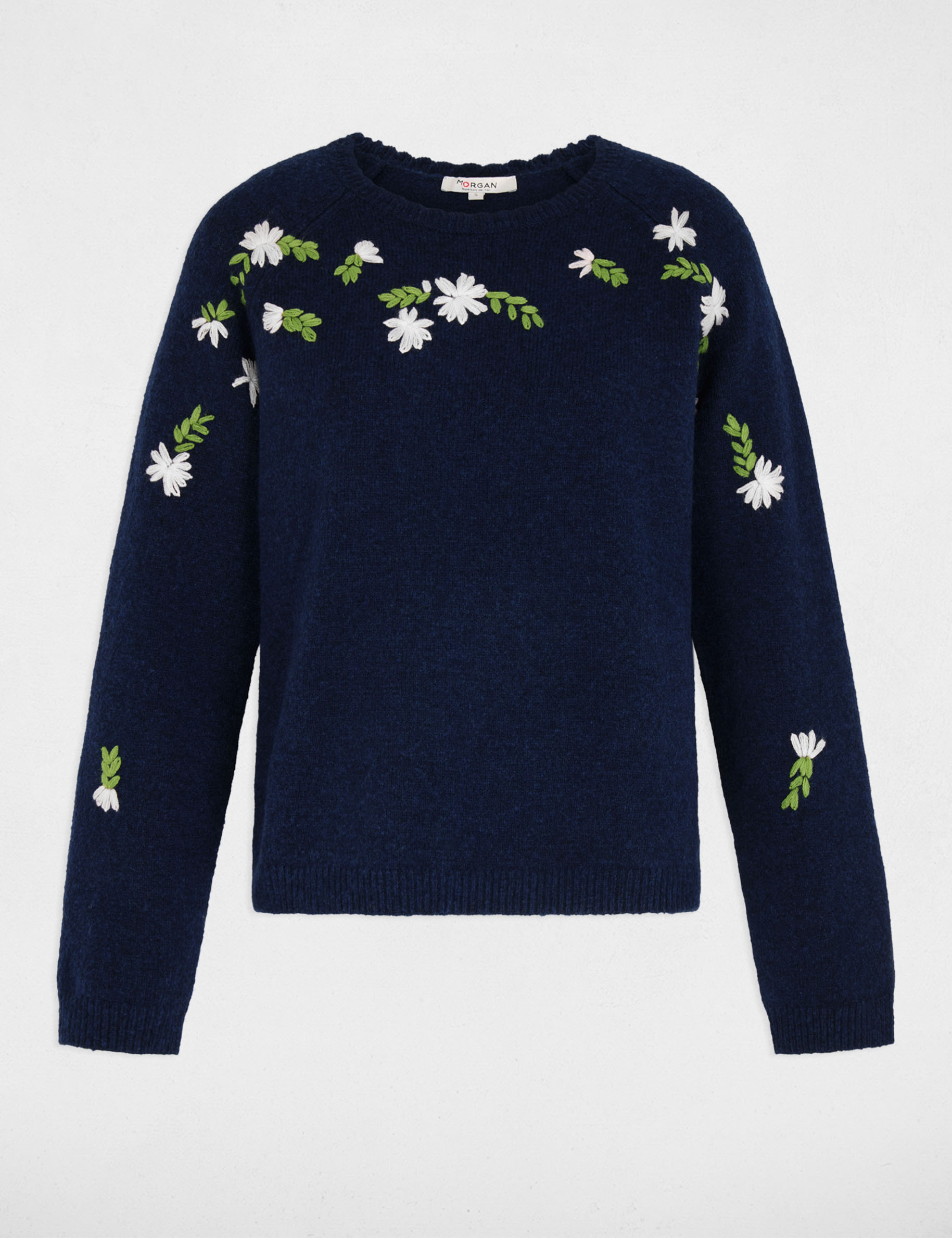 Pull brod&eacute; manches longues bleu marine femme