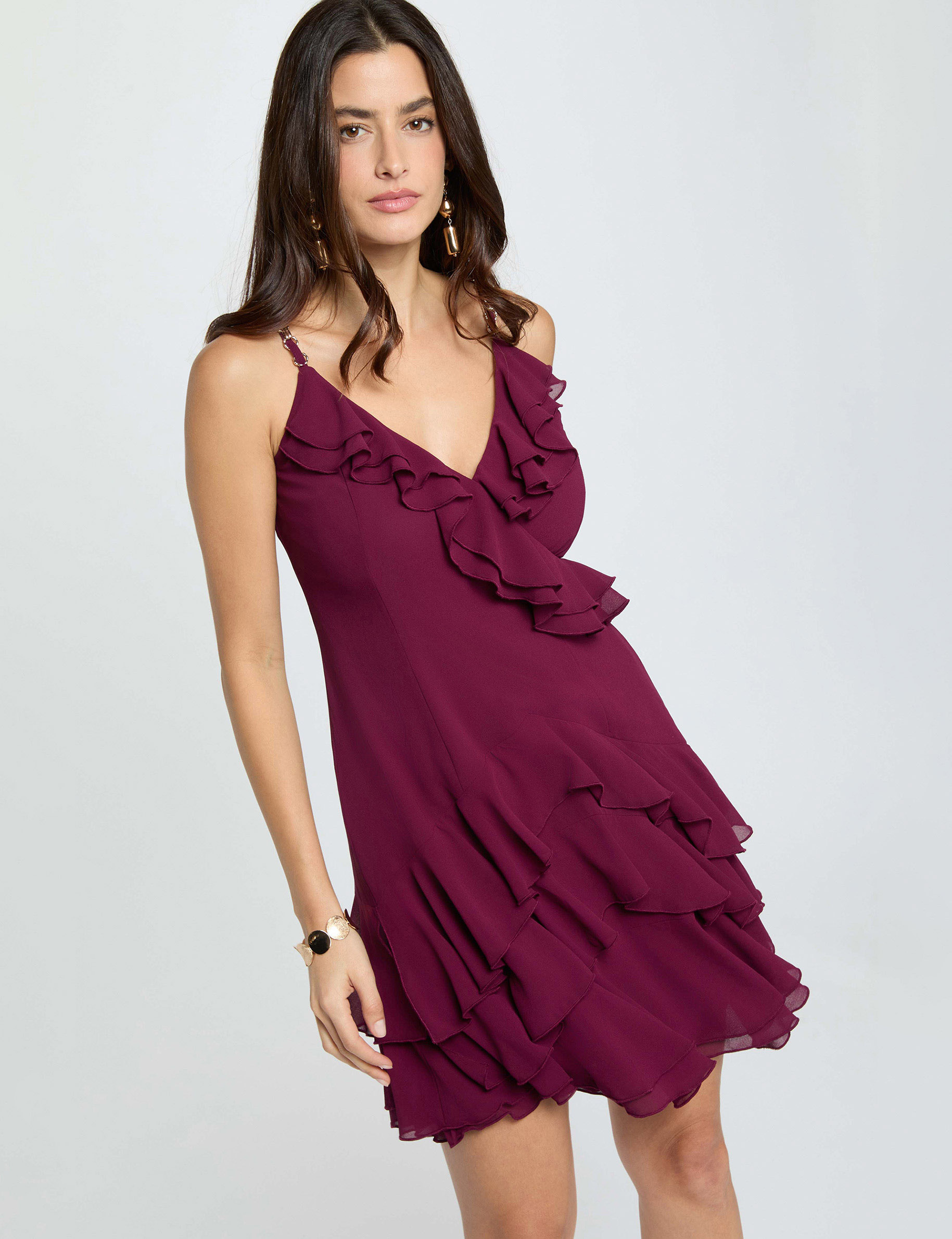 Kurzes Kleid mit V-Ausschnitt pflaume damen