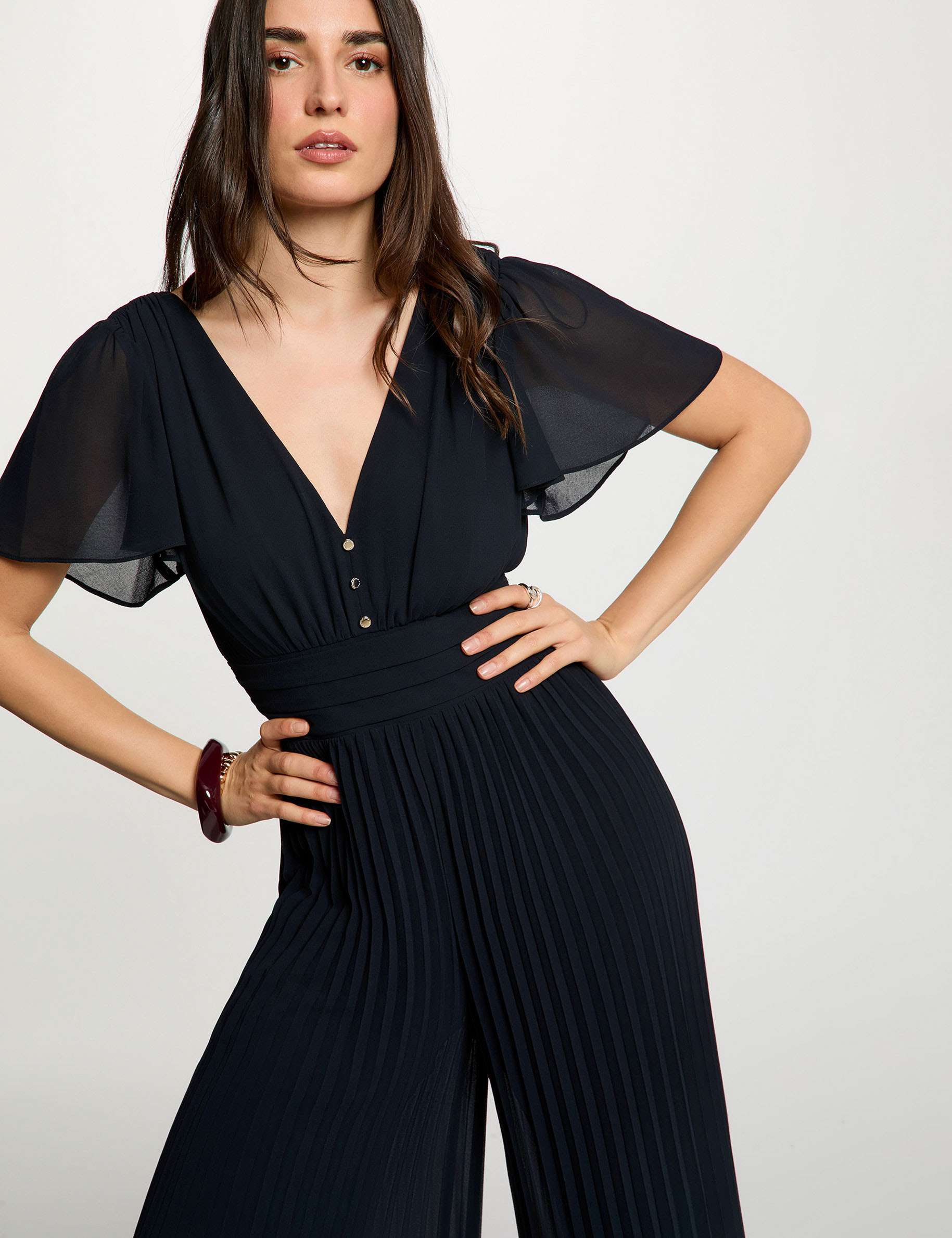 Plissierte V-Ausschnitt-Kombination marineblau damen