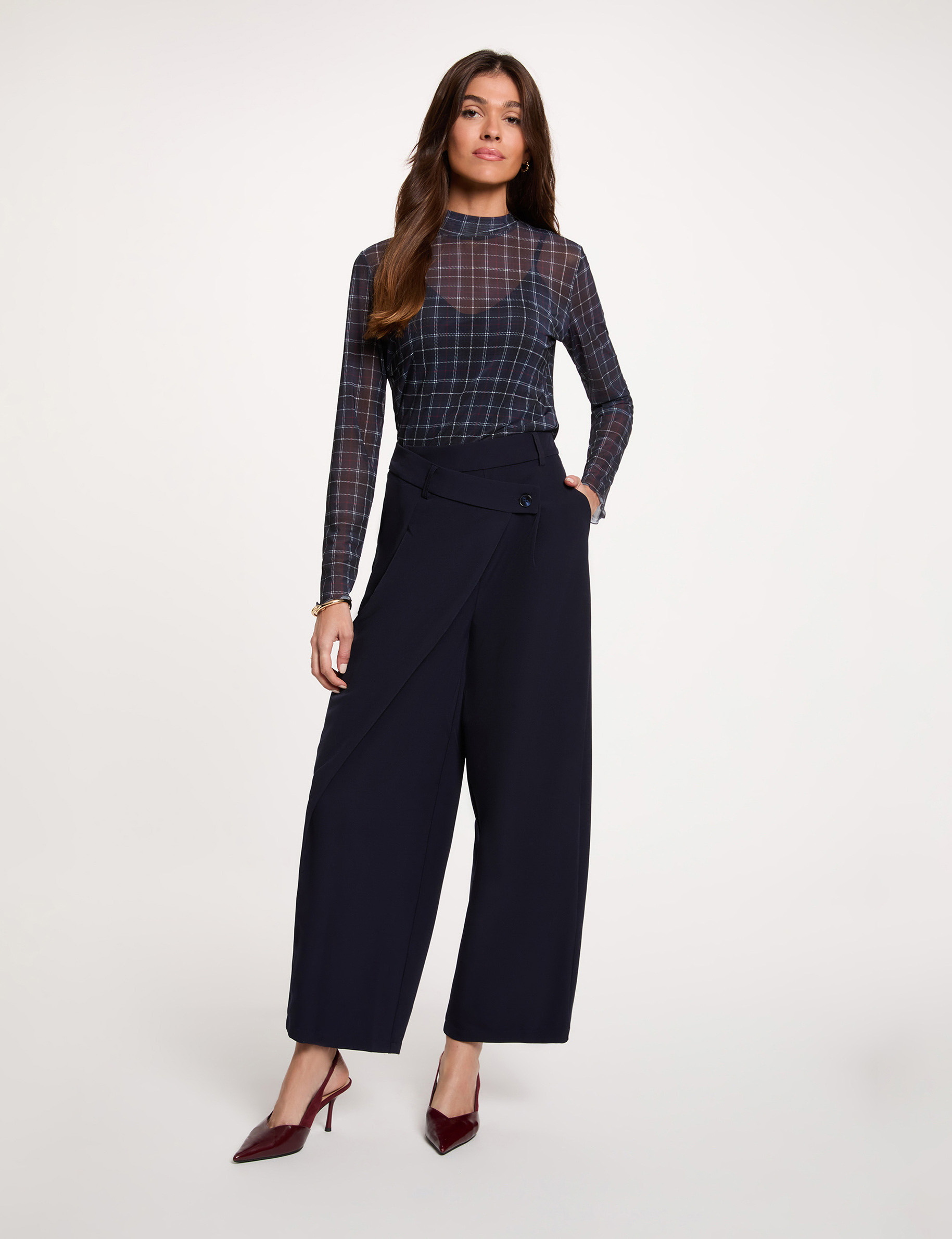 Weit geschnittene hochgeschnittene Hose marineblau damen