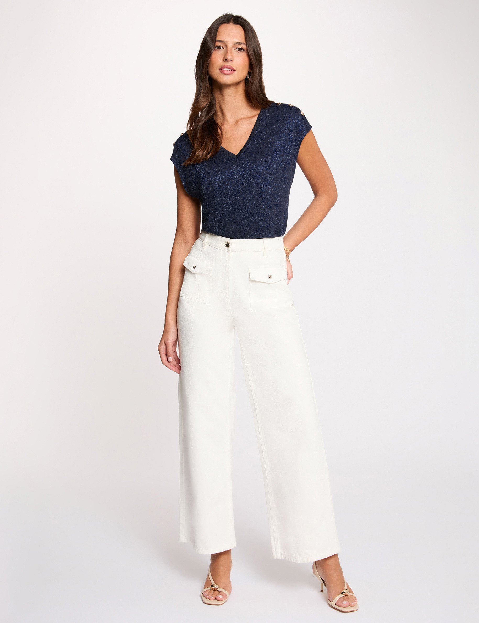 T-shirt col v boutons bleu marine femme