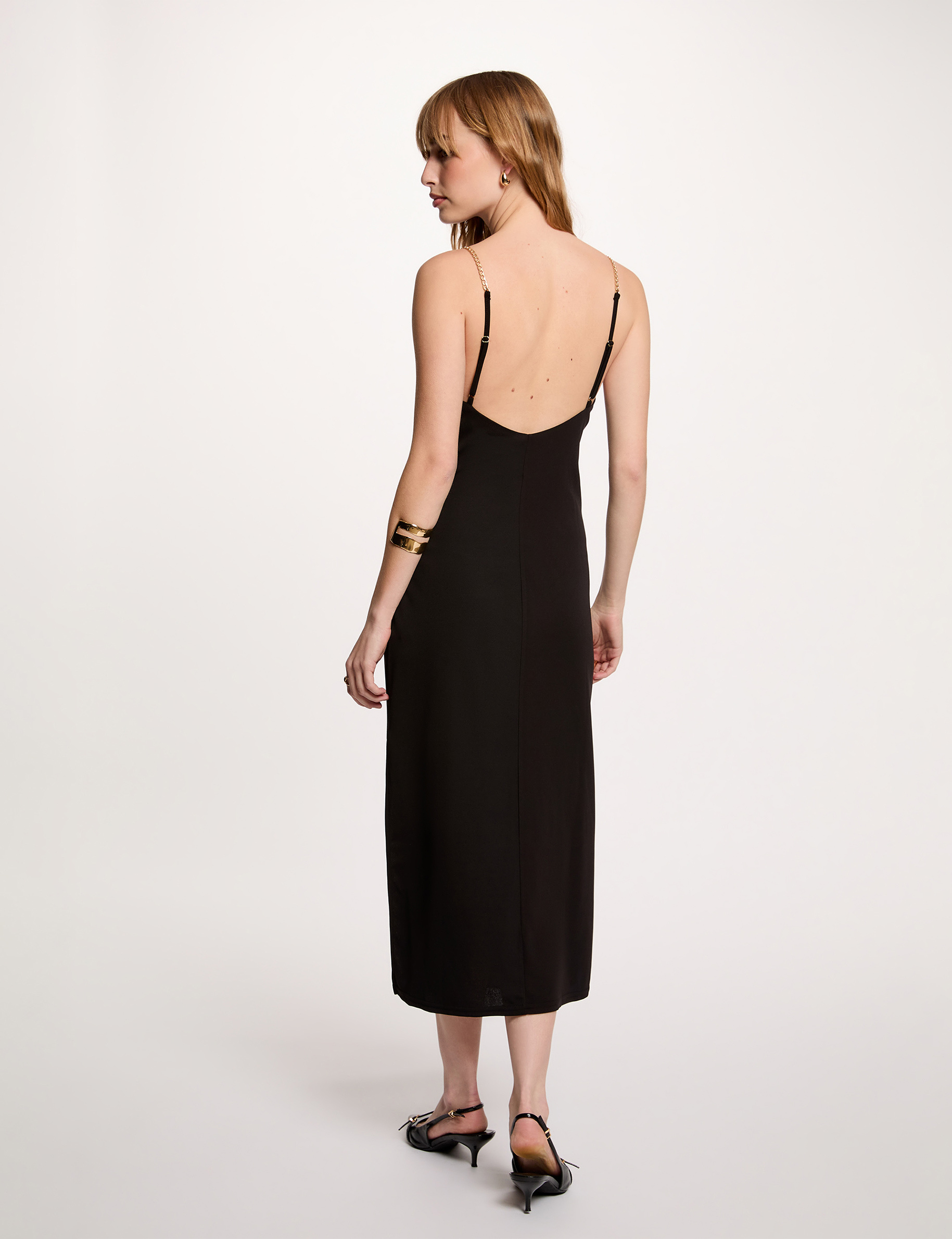Robe mi-longue bretelles cha&icirc;ne noir femme