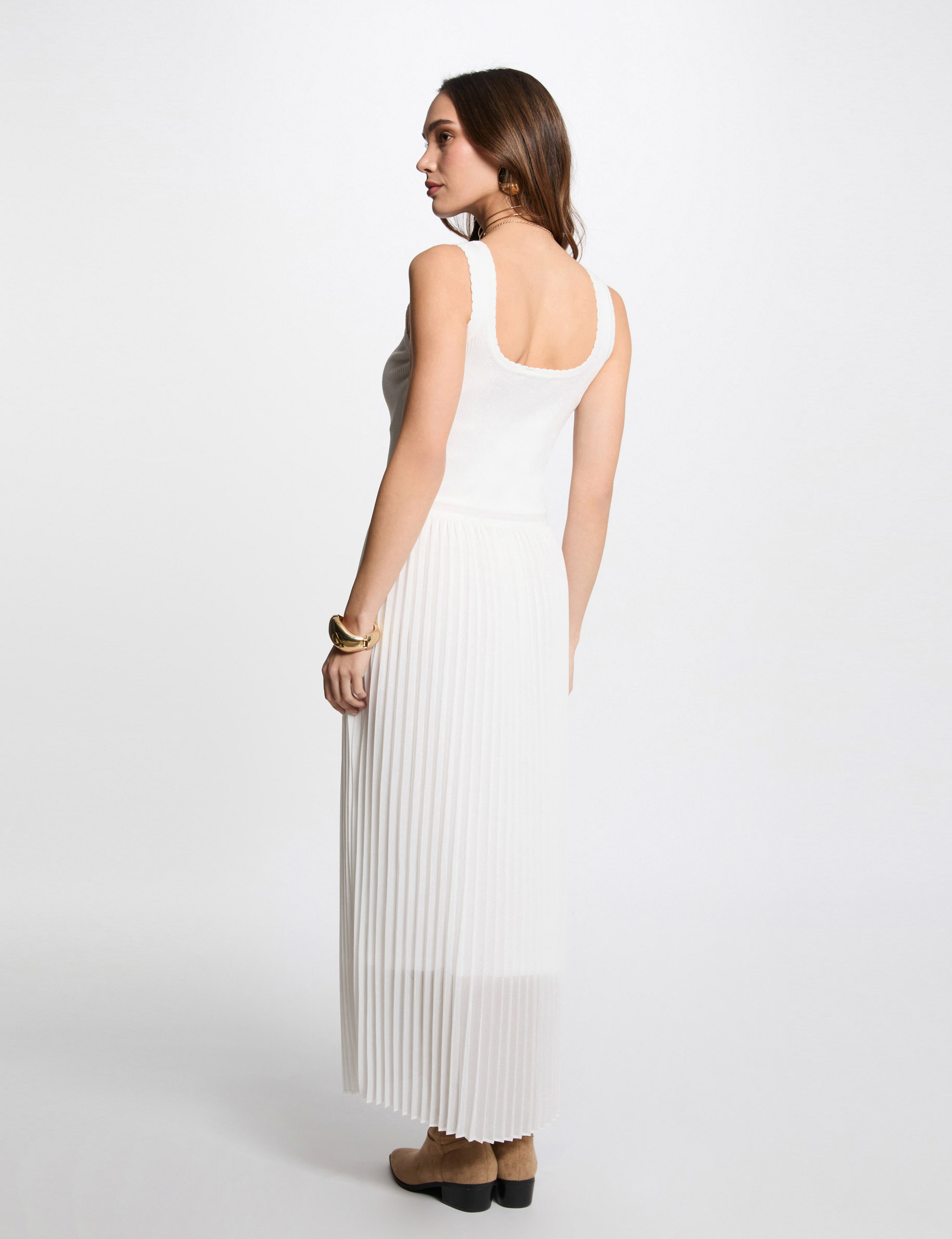 Langes tailliertes Strickkleid elfenbein damen