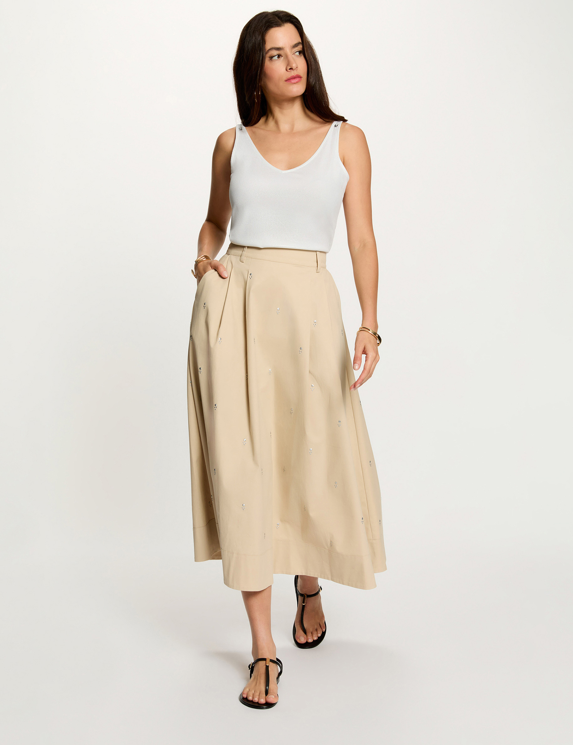 Jupe longue taille haute beige femme