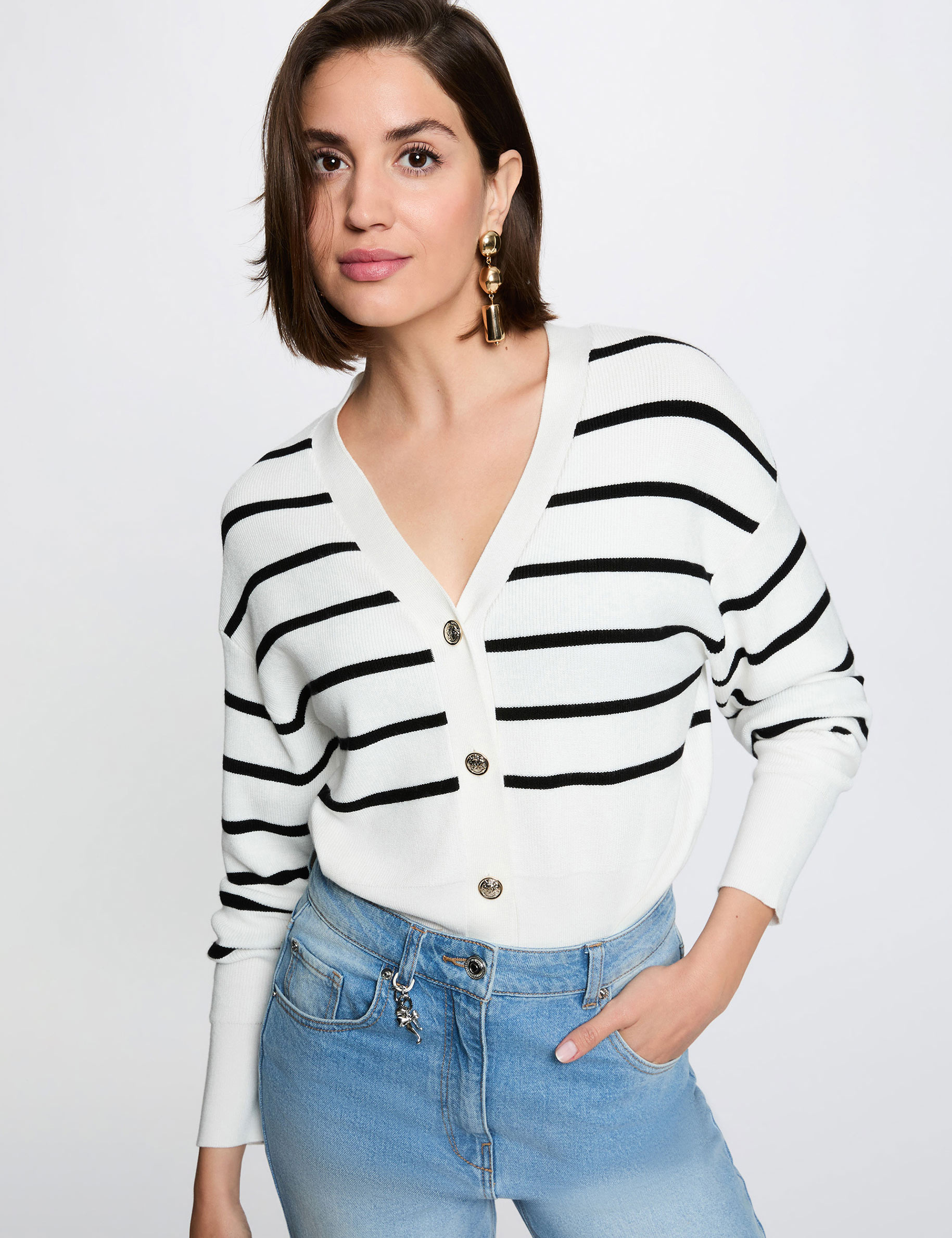 Gestreifter V-Ausschnitt-Pullover weiss damen