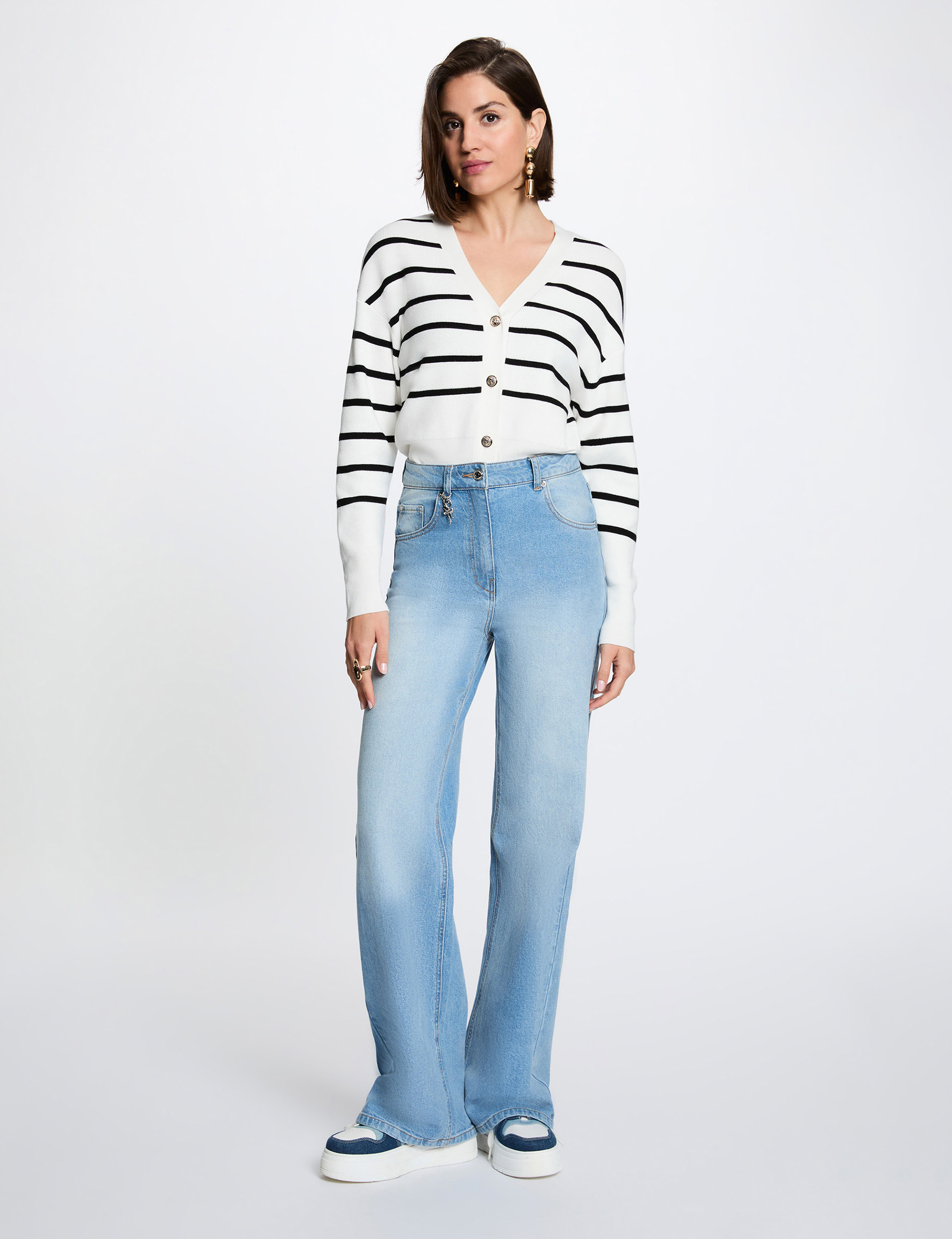 Gestreifter V-Ausschnitt-Pullover weiss damen