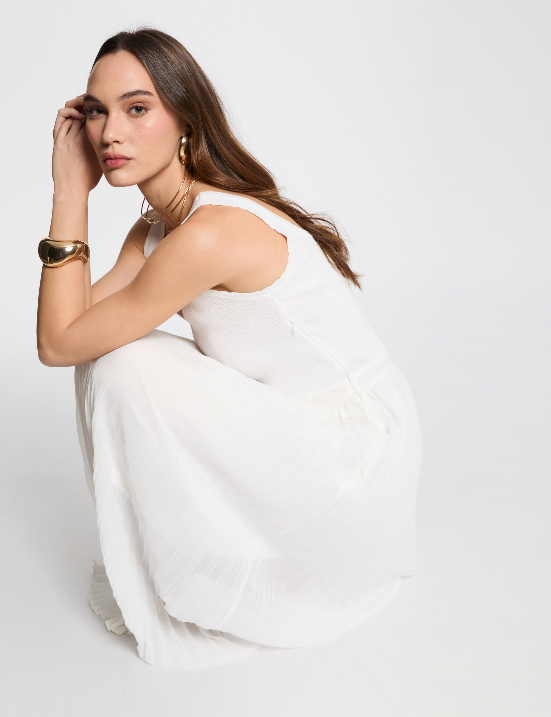 Langes tailliertes Strickkleid elfenbein damen