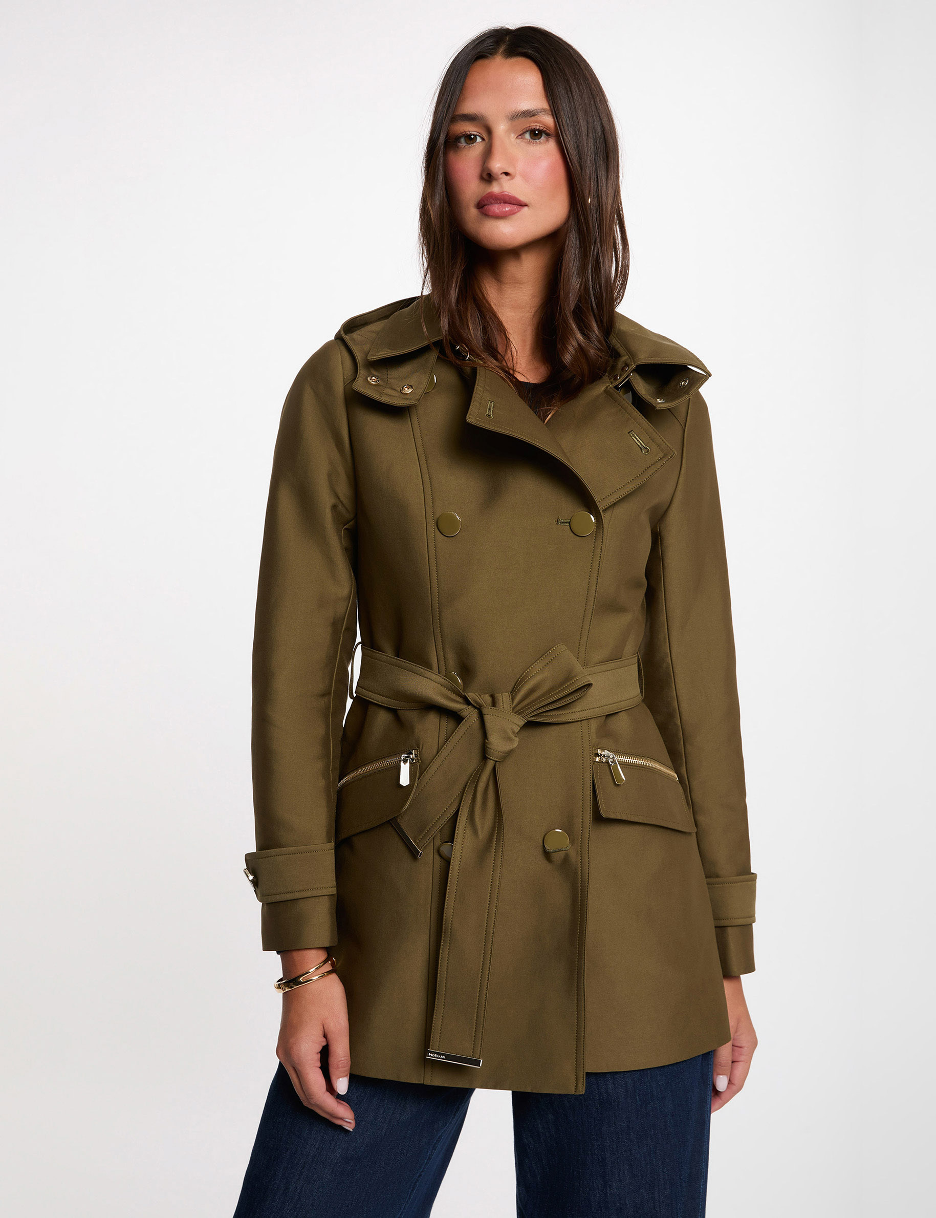 Trench cintr&eacute; ceintur&eacute; &agrave; capuche vert kaki femme