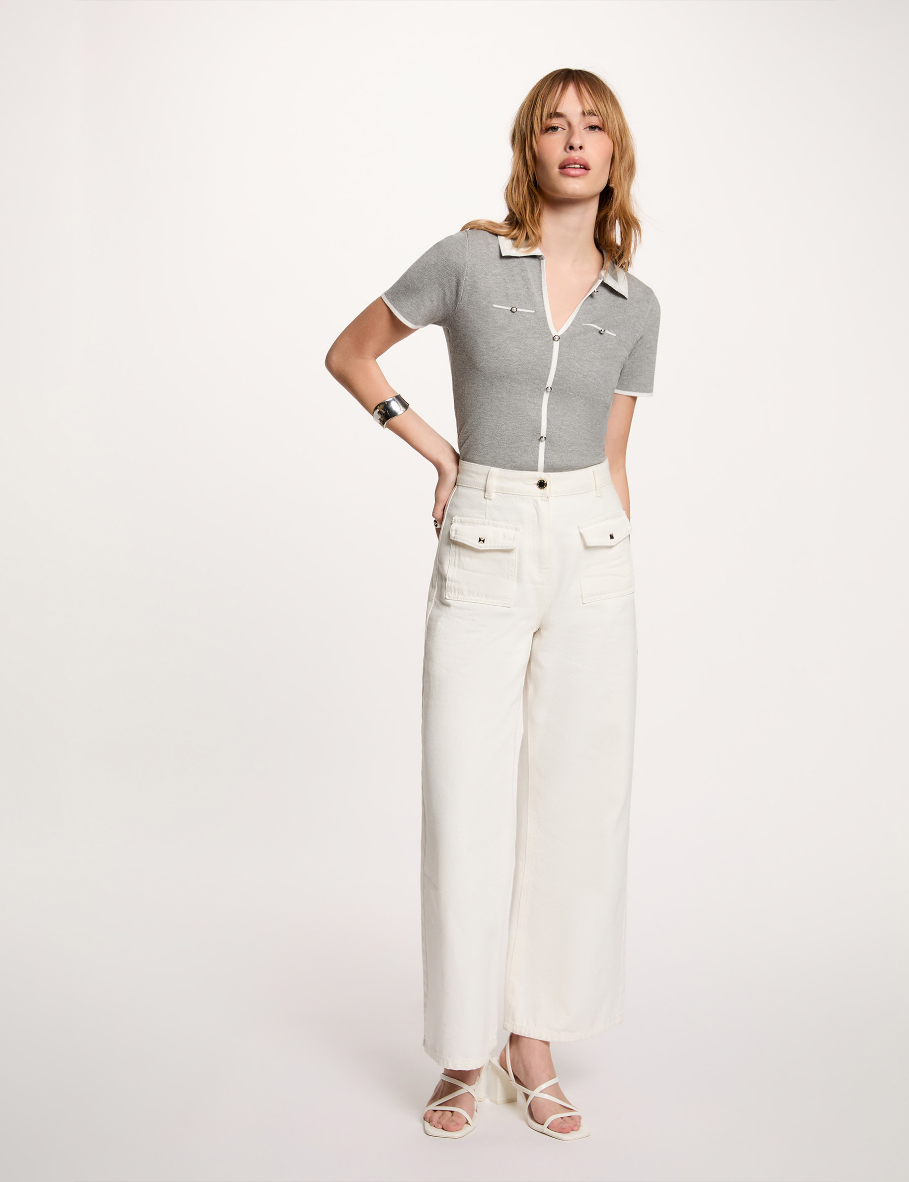 Kurzarm-Polo-Pullover gris clair damen