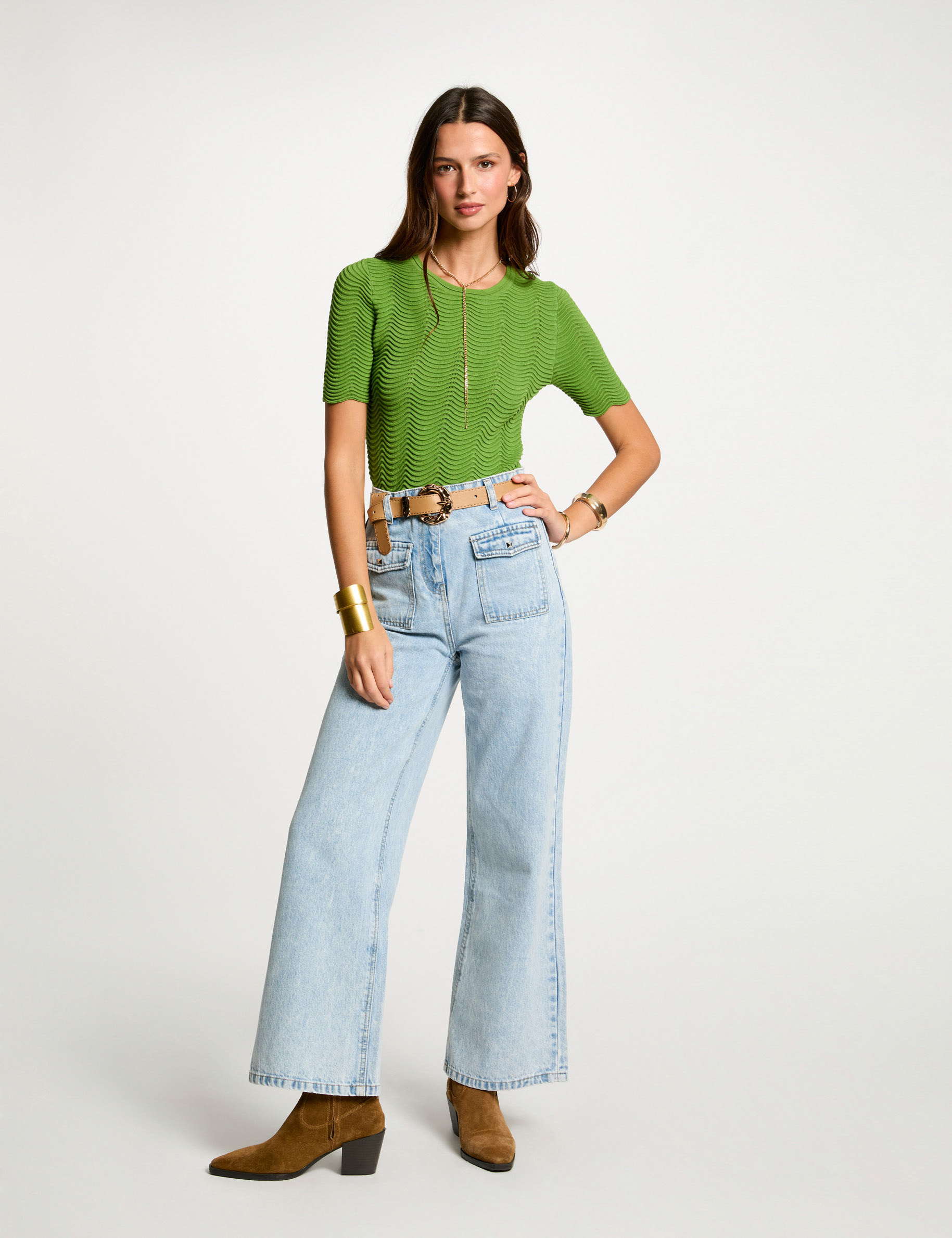 jeans large taille haute denim bleach femme Jeans large taille haute denim bleach femme