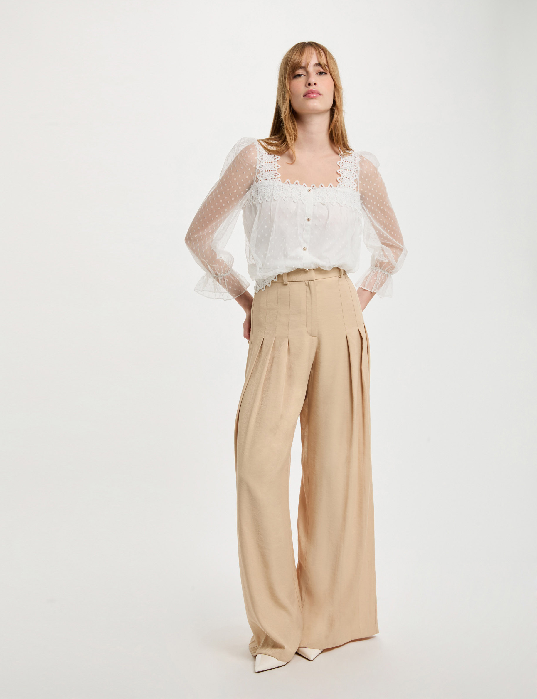 t shirt mit 34 armeln und tupfelmuster weiss damen T-shirt mit 3/4-Ärmeln und Tüpfelmuster weiss damen