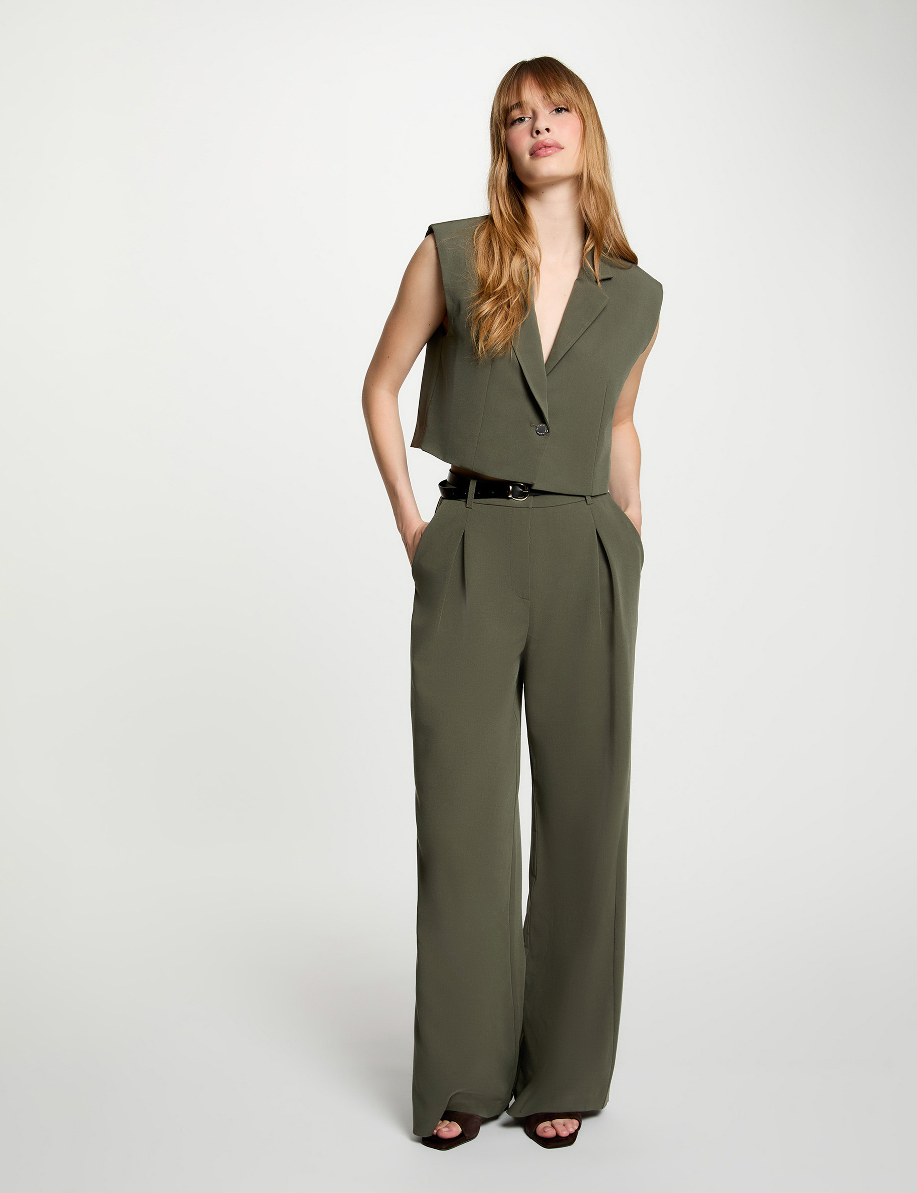 Pantalon large taille haute vert kaki femme