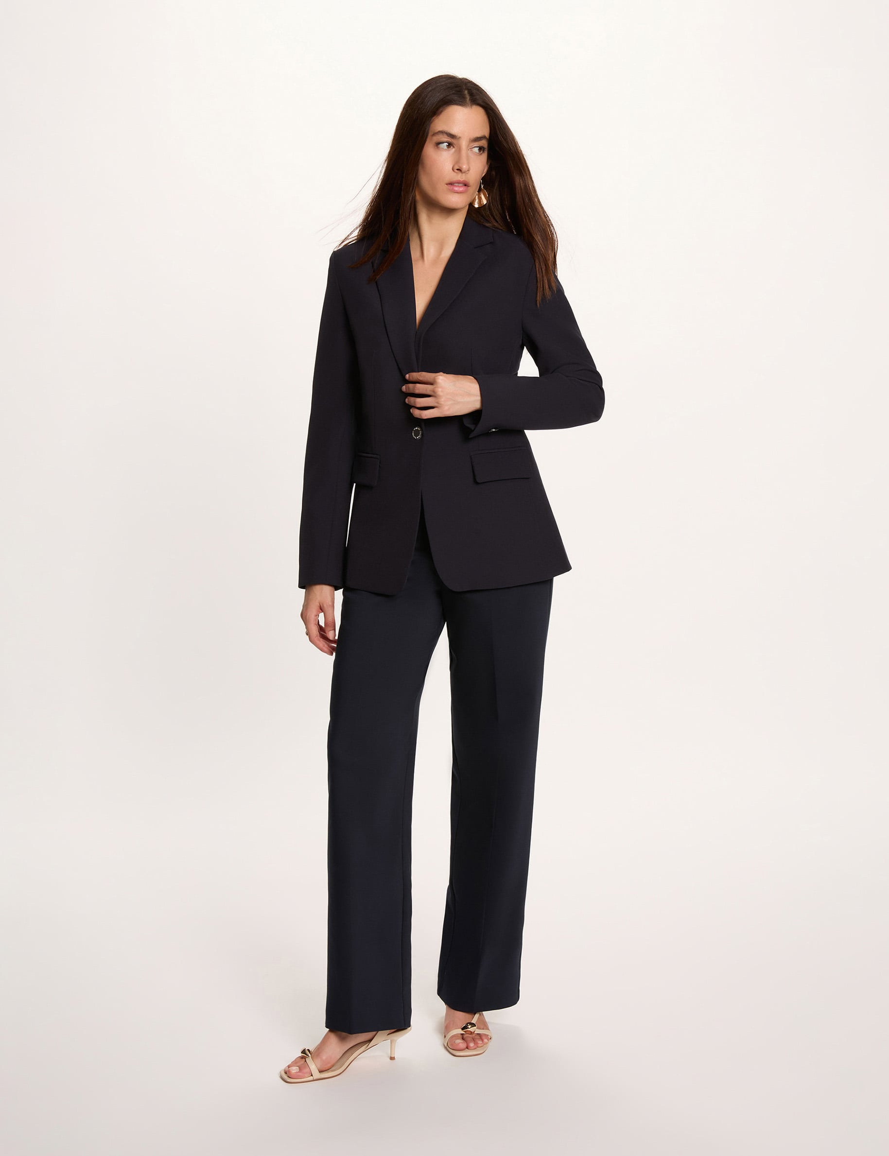 Pantalon droit taille haute bleu marine femme