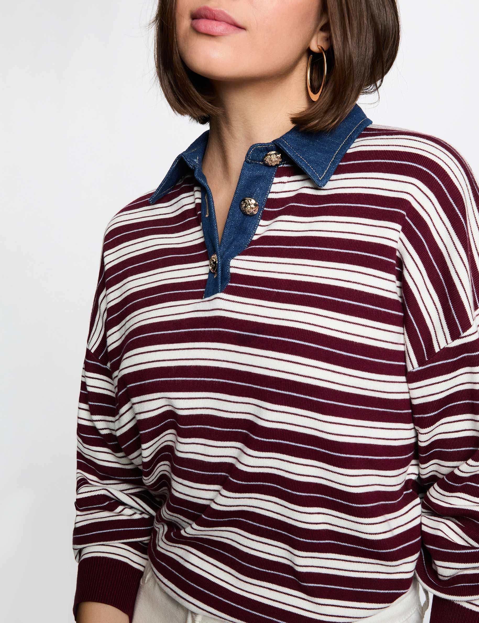 Gestreifter Pullover mit Reverskragen bordeaux damen