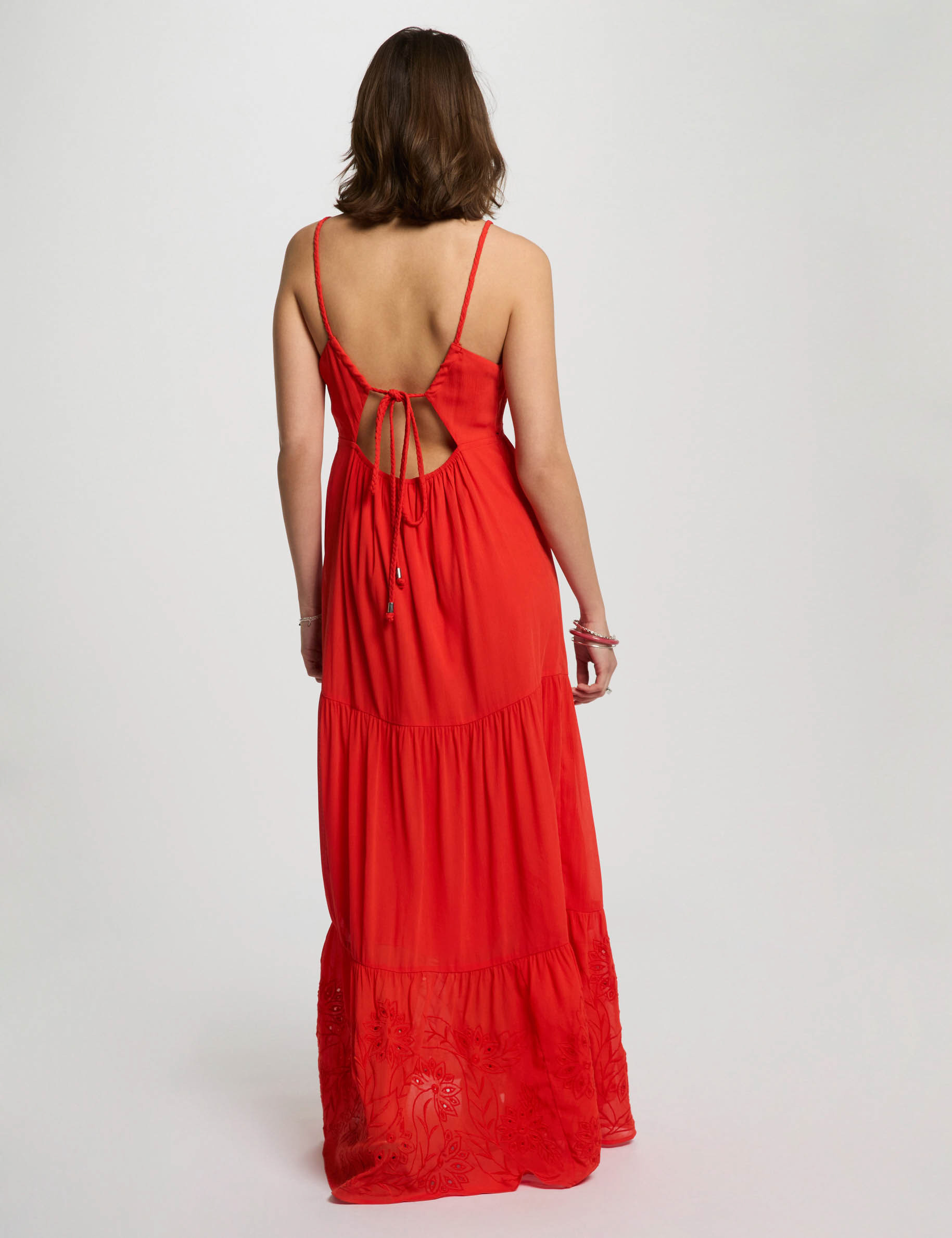 robe longue fluide broderie orange femme Robe longue fluide broderie orange femme