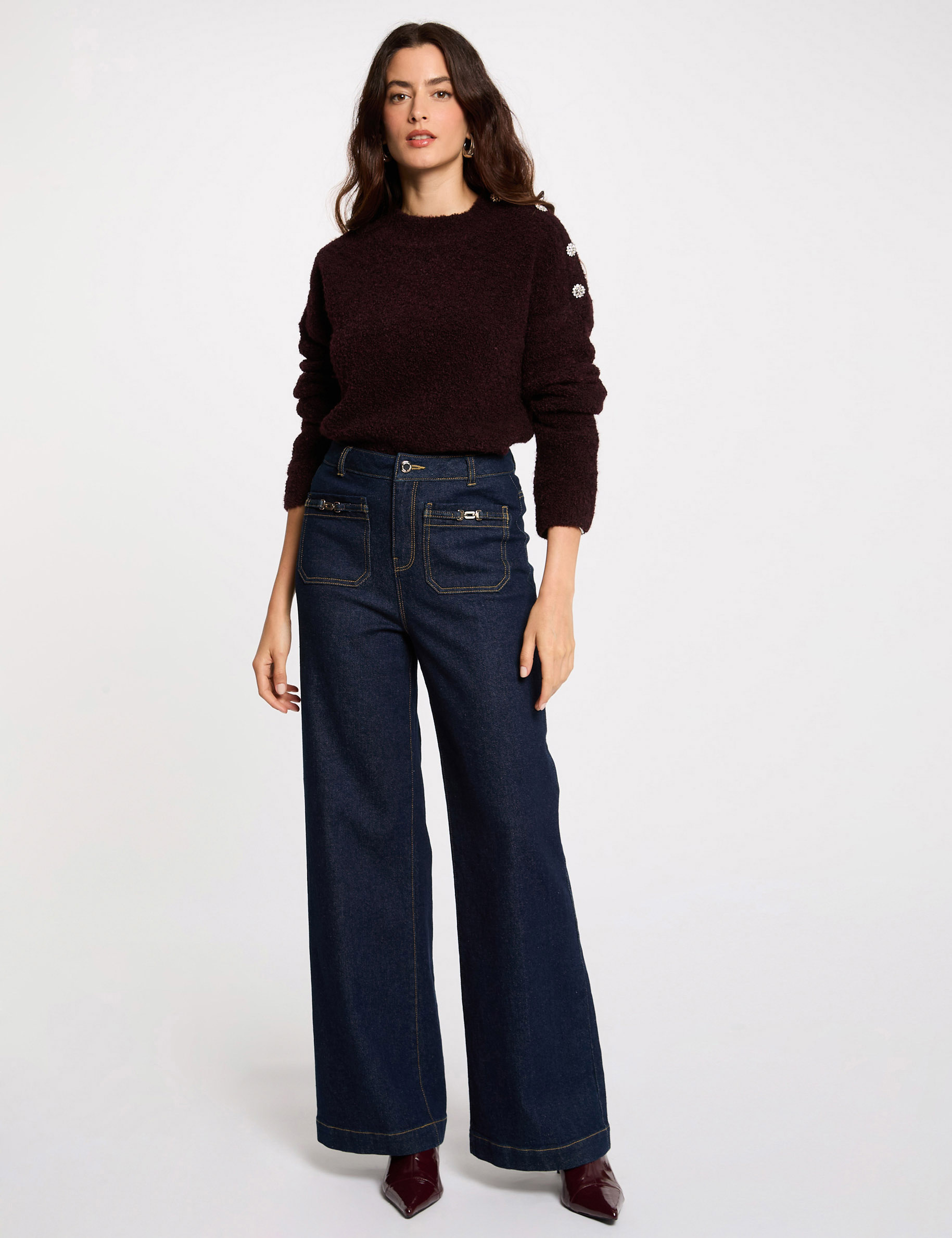 pullover mit stehkragen und knopfen pflaume damen Pullover mit Stehkragen und Knöpfen pflaume damen