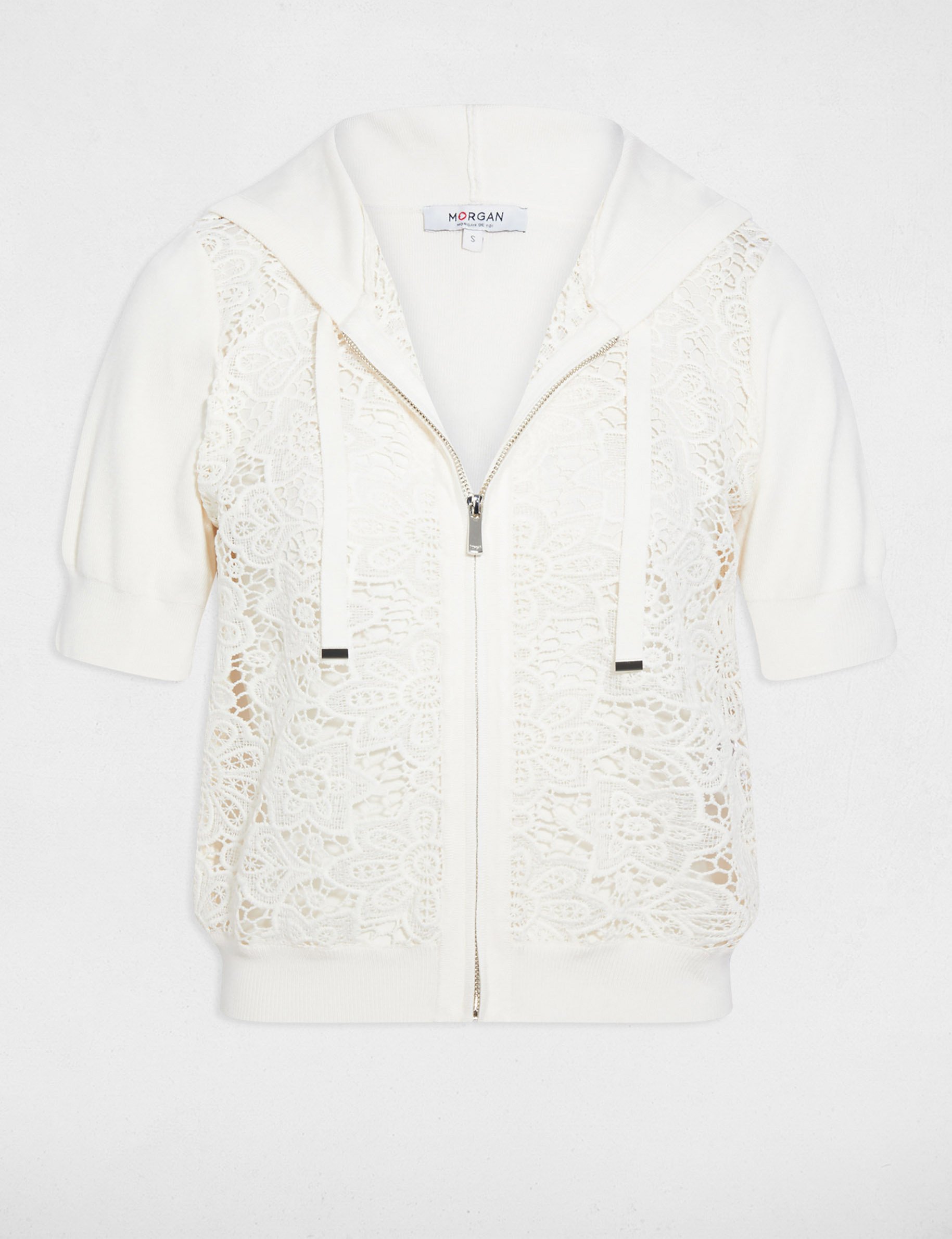 Kapuzencardigan mit kurzen &Auml;rmeln elfenbein damen