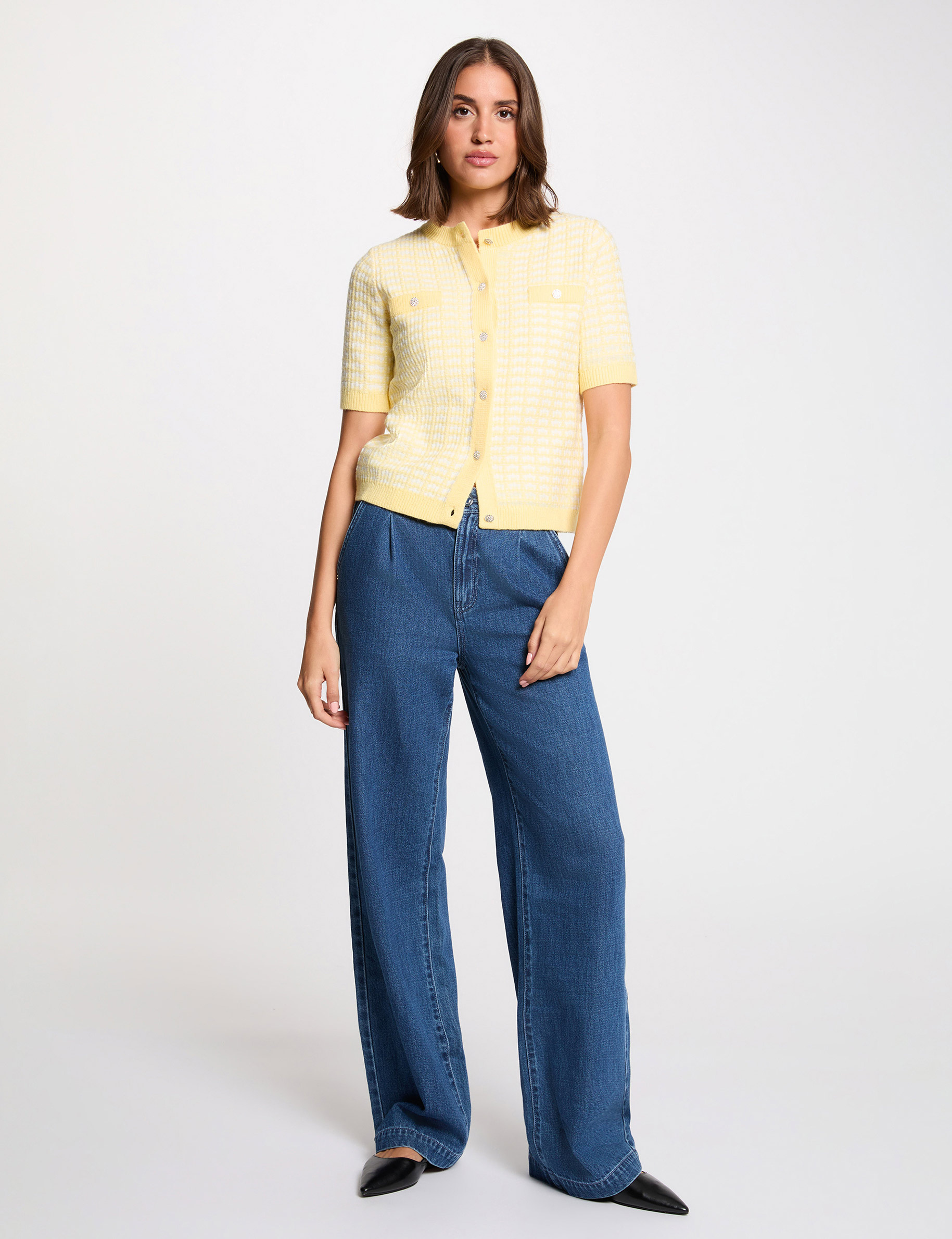 Kurz&auml;rmelige, bedruckte Strickjacke hellgelb damen