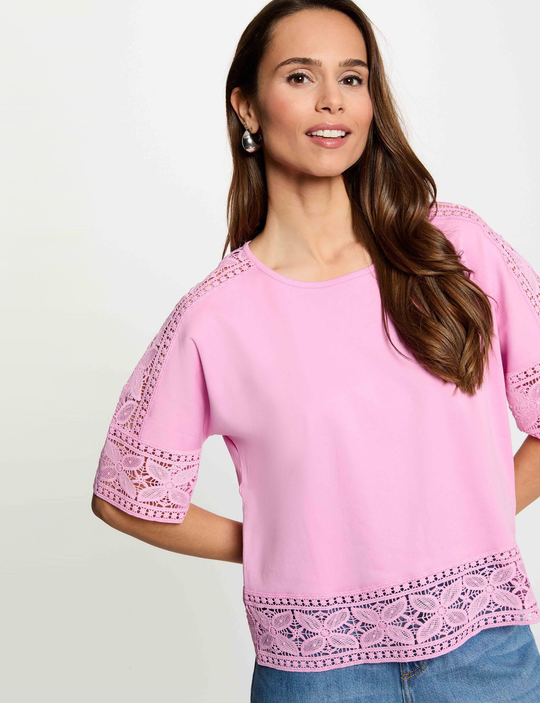 T-Shirt mit Rundhals und Spitze rosa damen