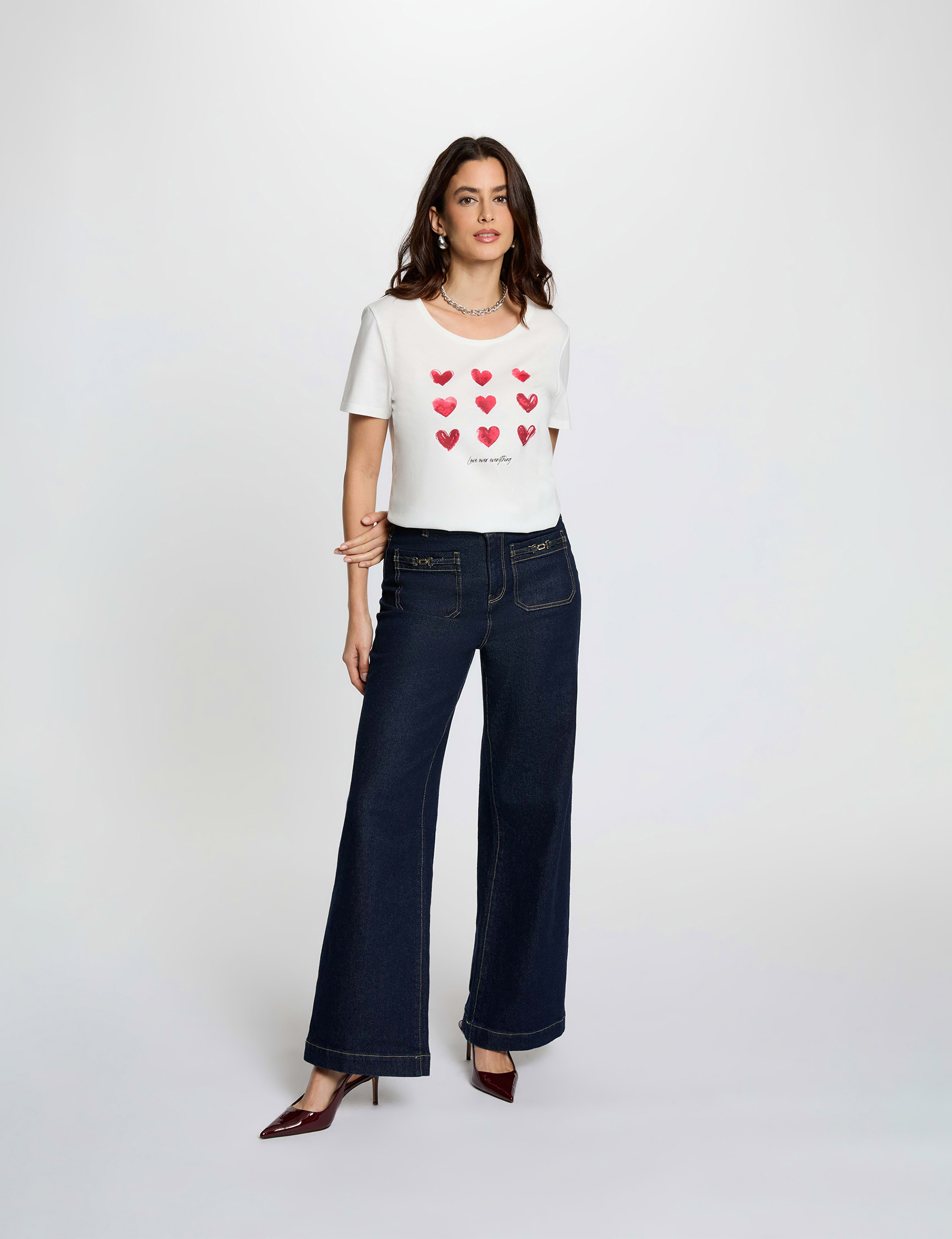 T-Shirt mit V-Ausschnitt, kurze &Auml;rmel weiss damen