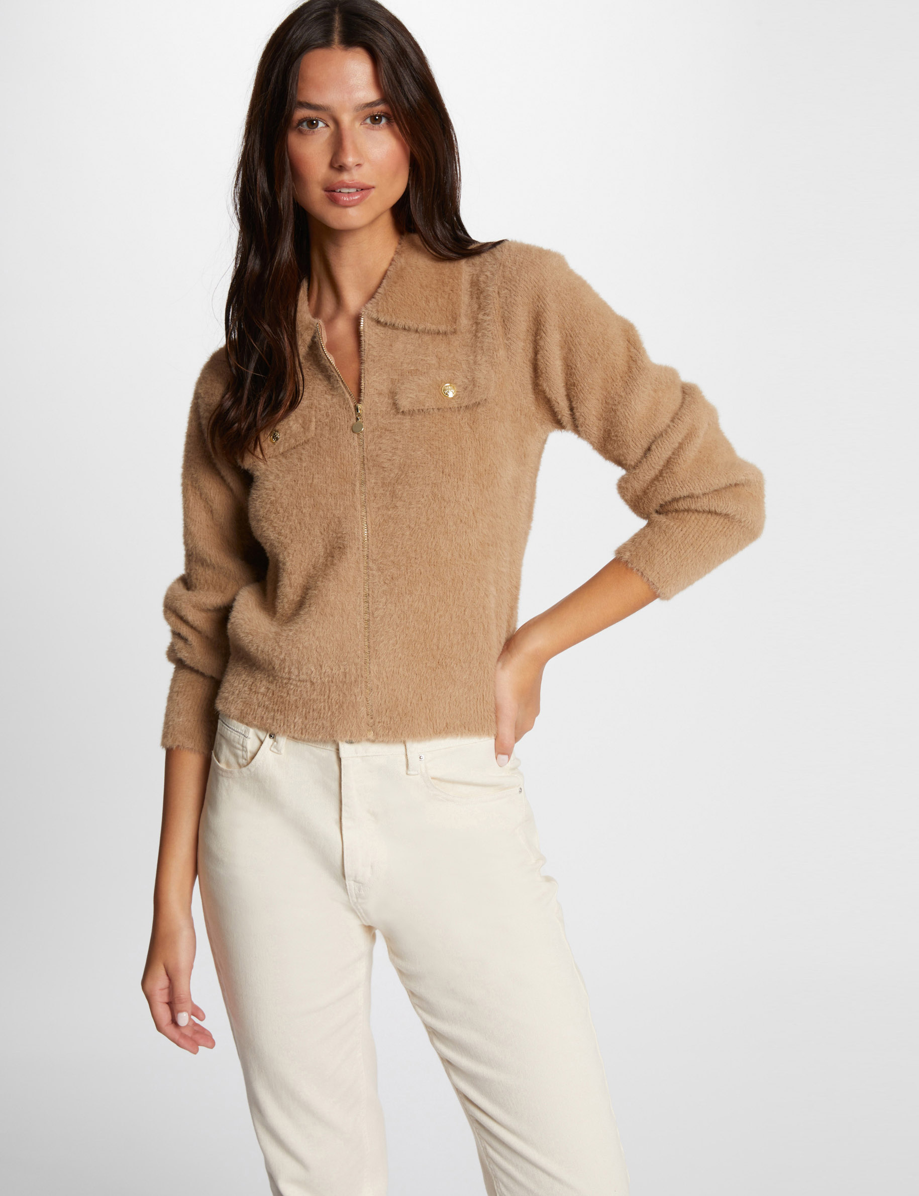 Langarm Strickjacke mit Reverskragen kamel damen