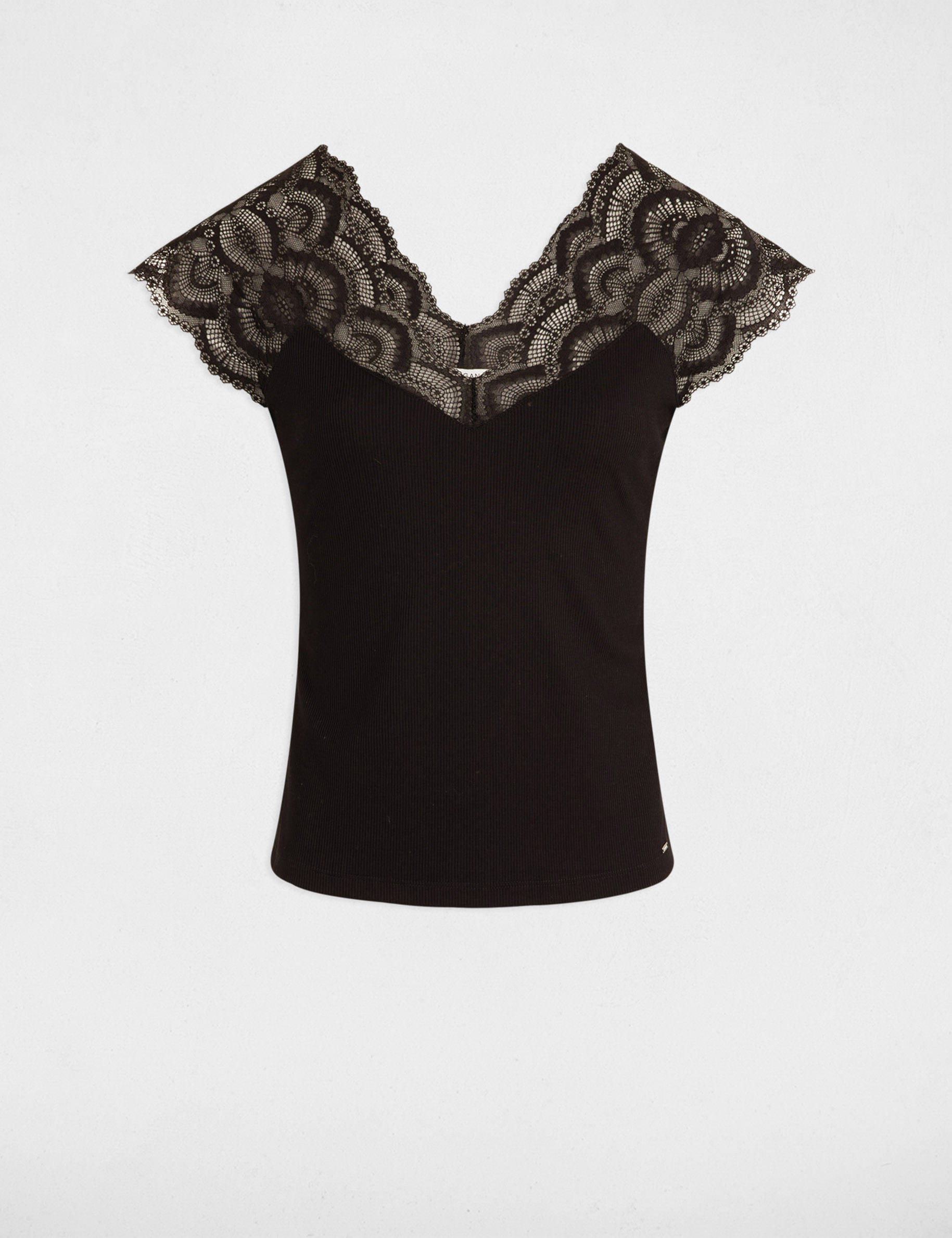 T-shirt dentelle col v noir femme