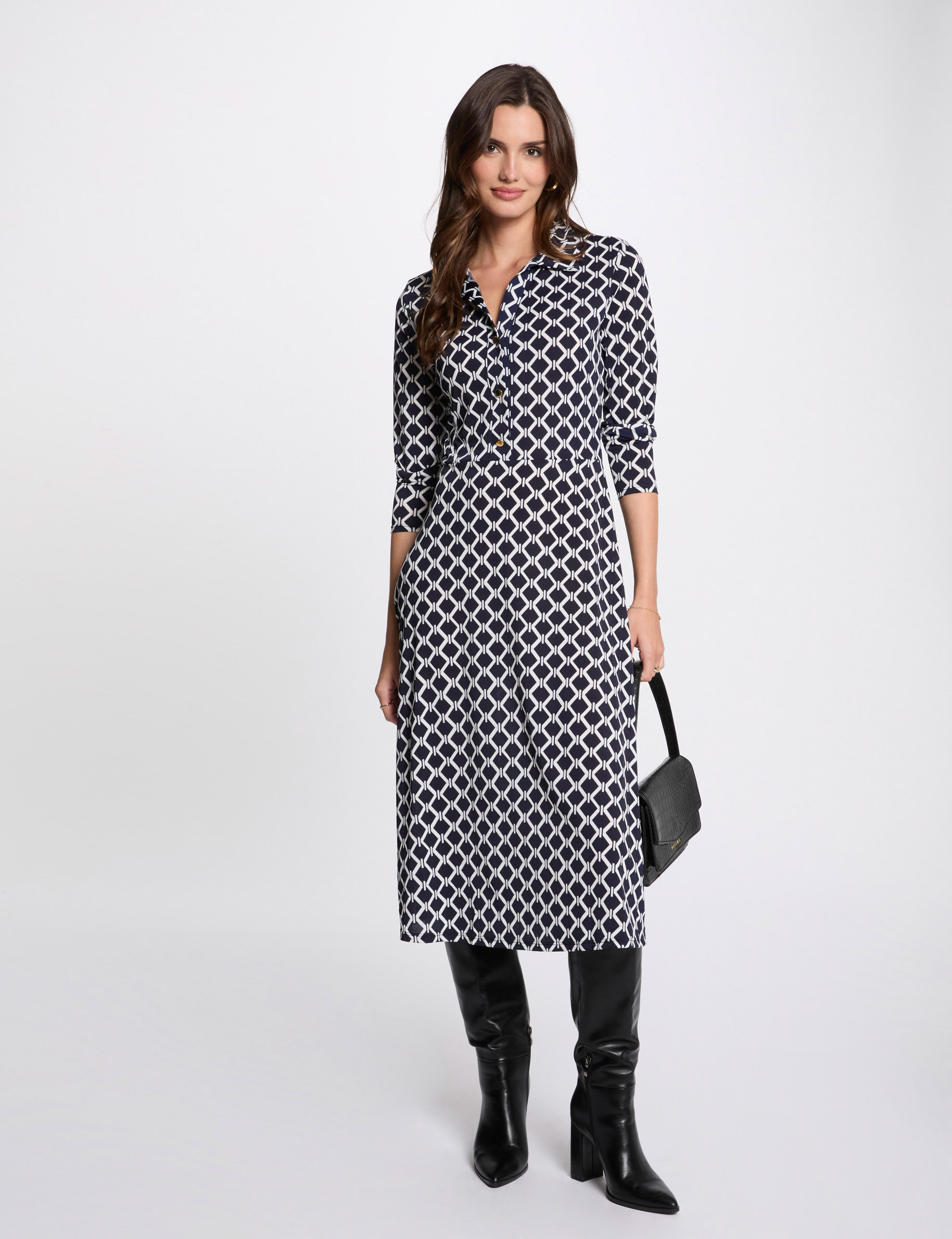 bedrucktes gerades midikleid marineblau damen Bedrucktes gerades Midikleid marineblau damen