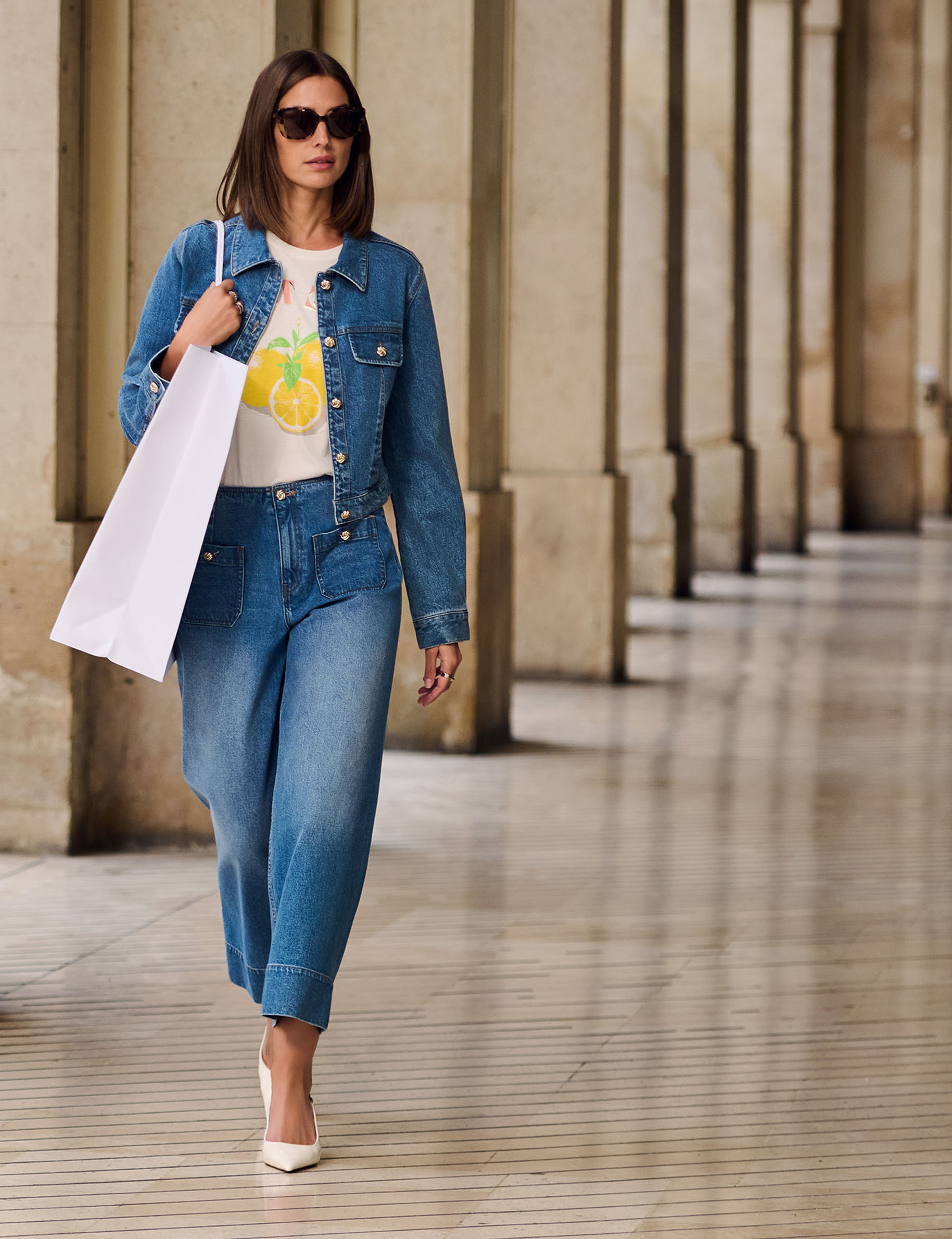 Weite hochgeschnittene Hose stone denim damen