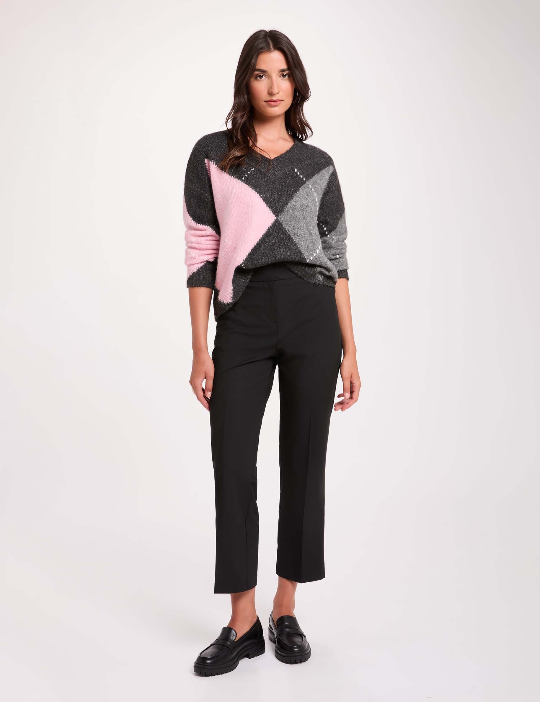 Jacquard-Pullover mit V-Ausschnitt dunkelgrau damen