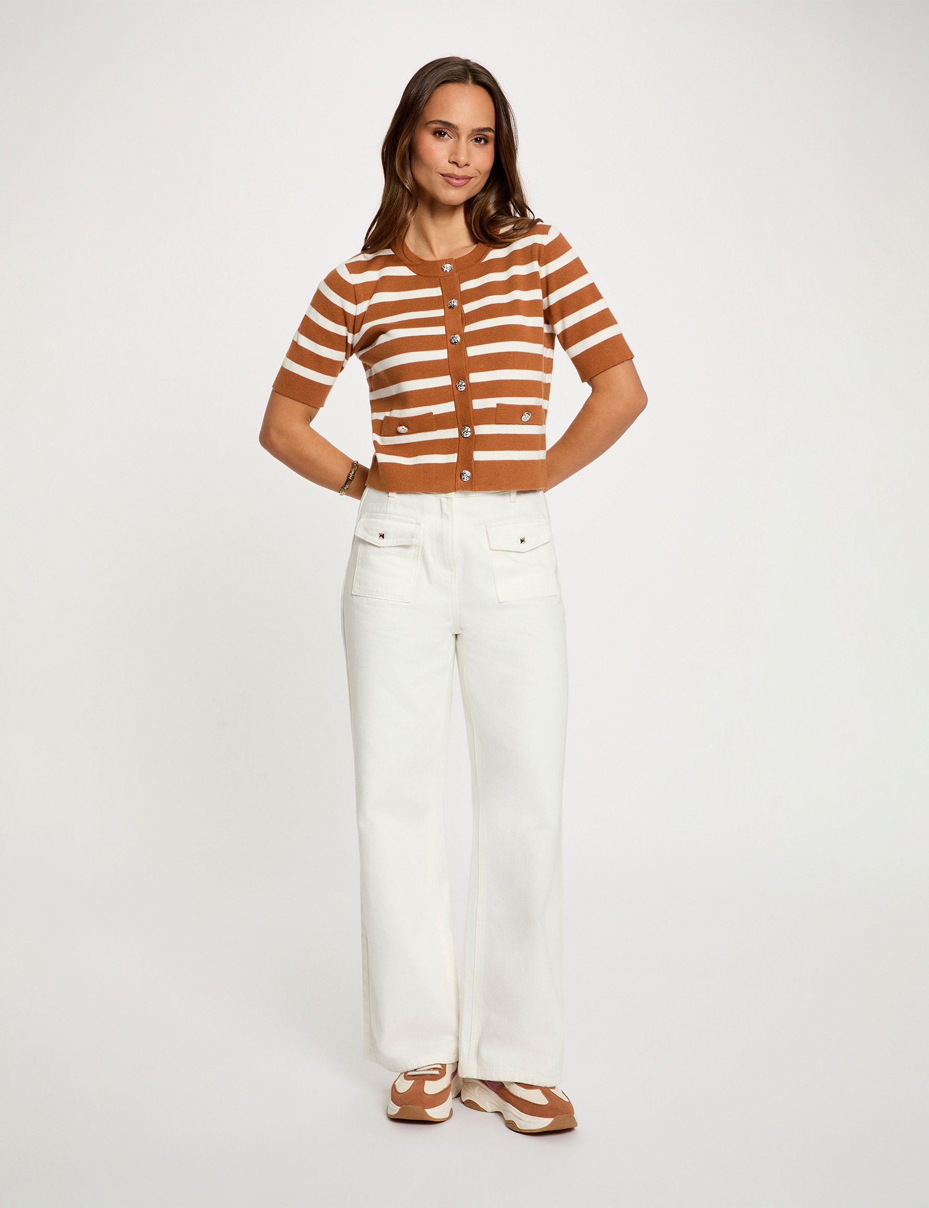 Gilet ray&eacute; manches courtes camel femme