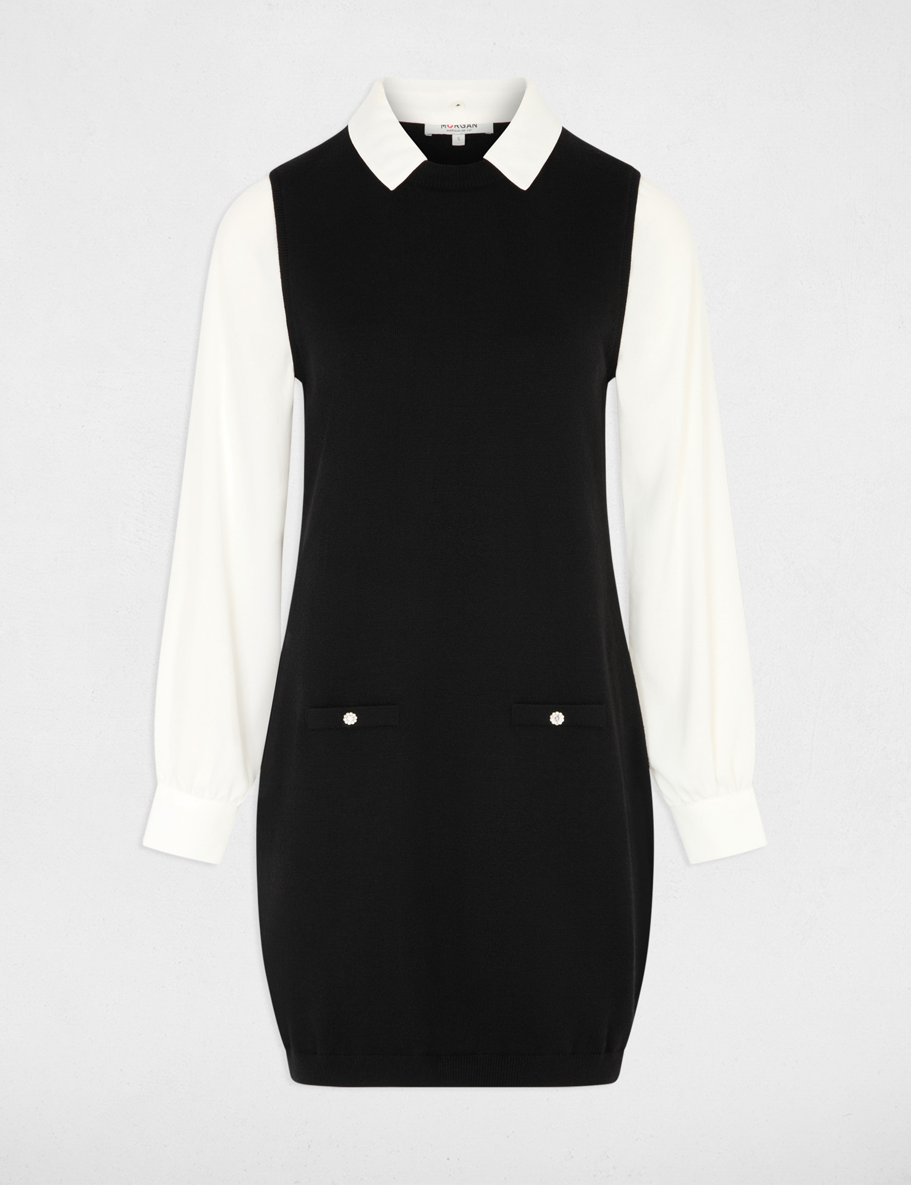 Robe tricot col &agrave; revers noir femme