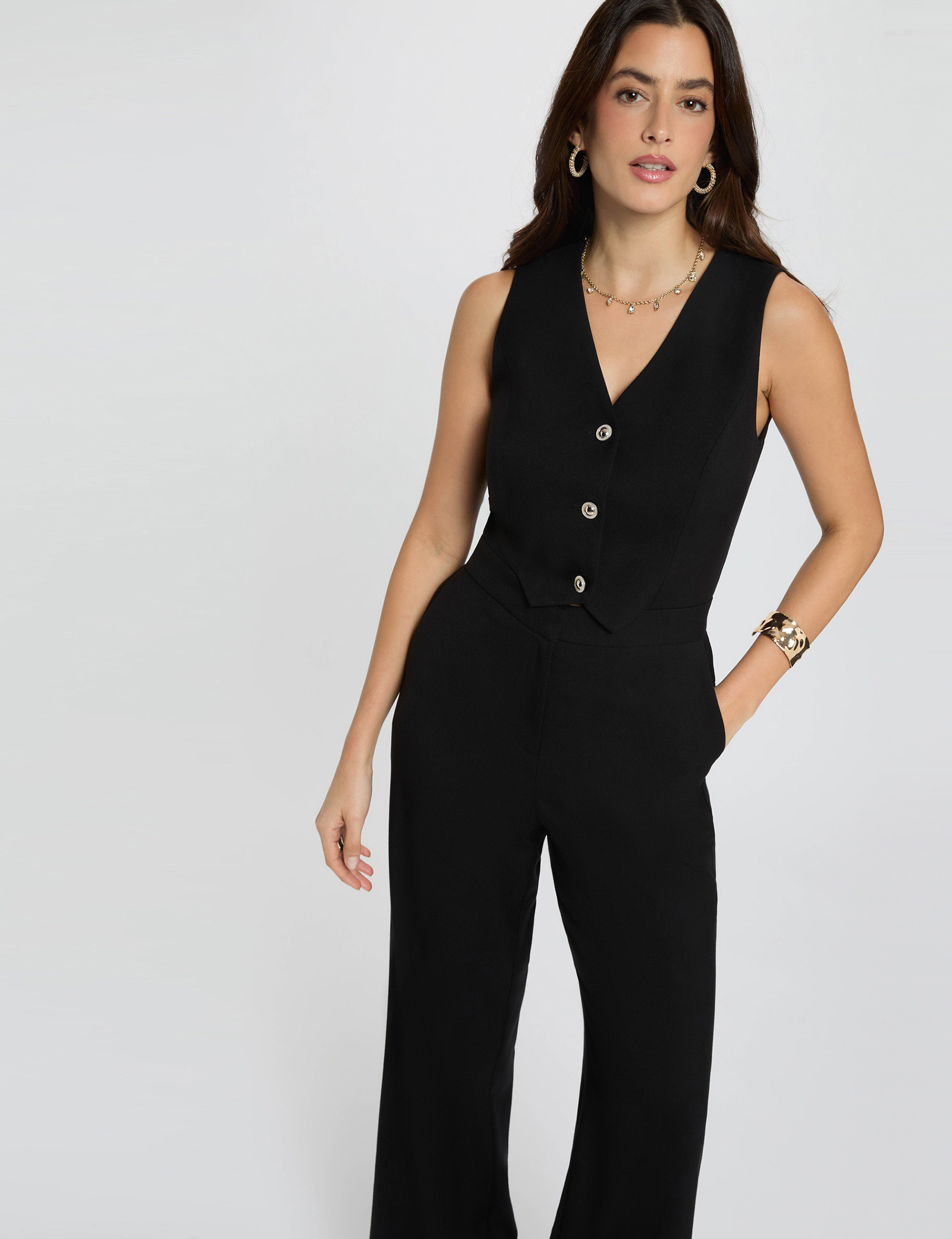 Combinaison longue col en V noir femme