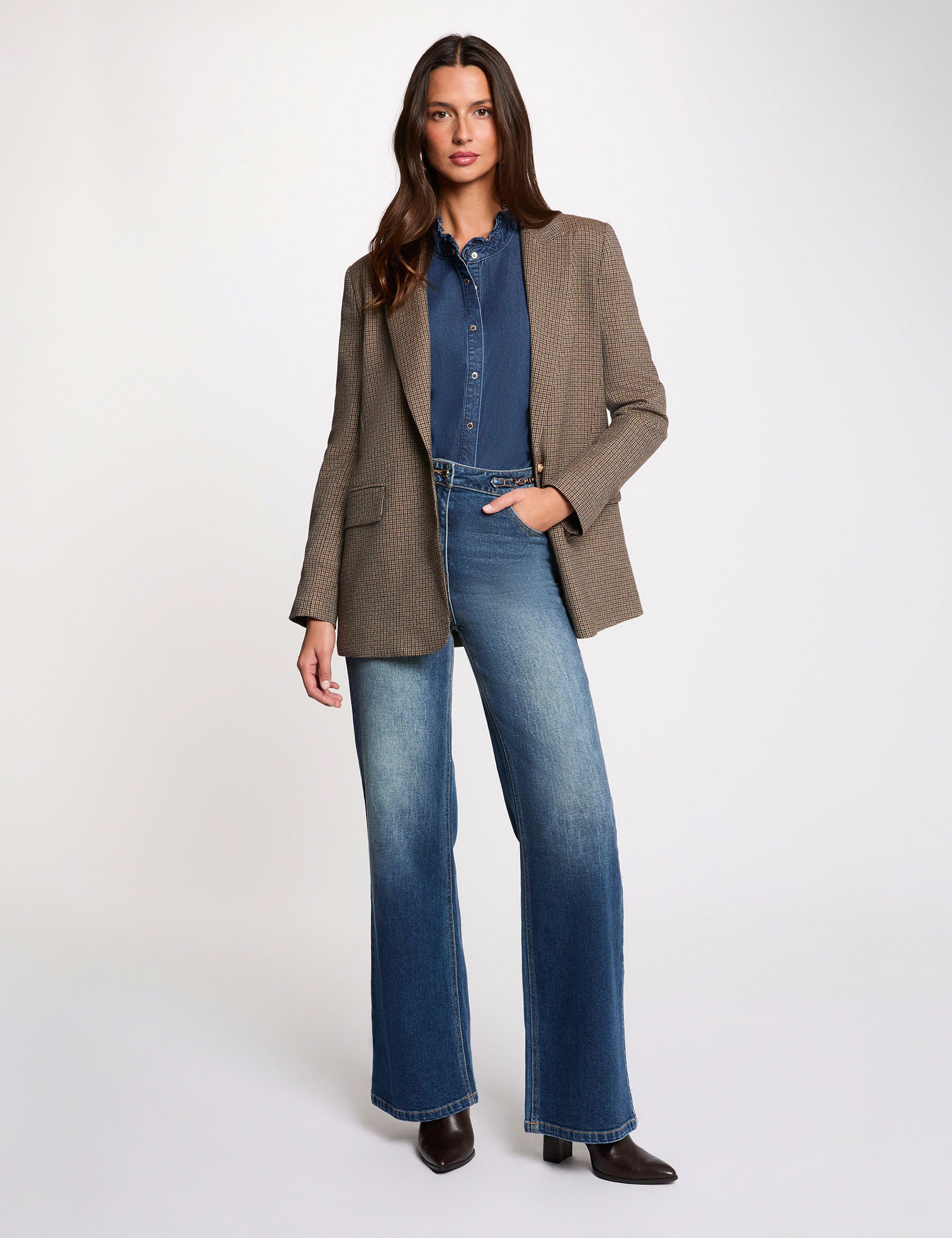 Weit geschnittene hochgeschnittene Hose stone denim damen